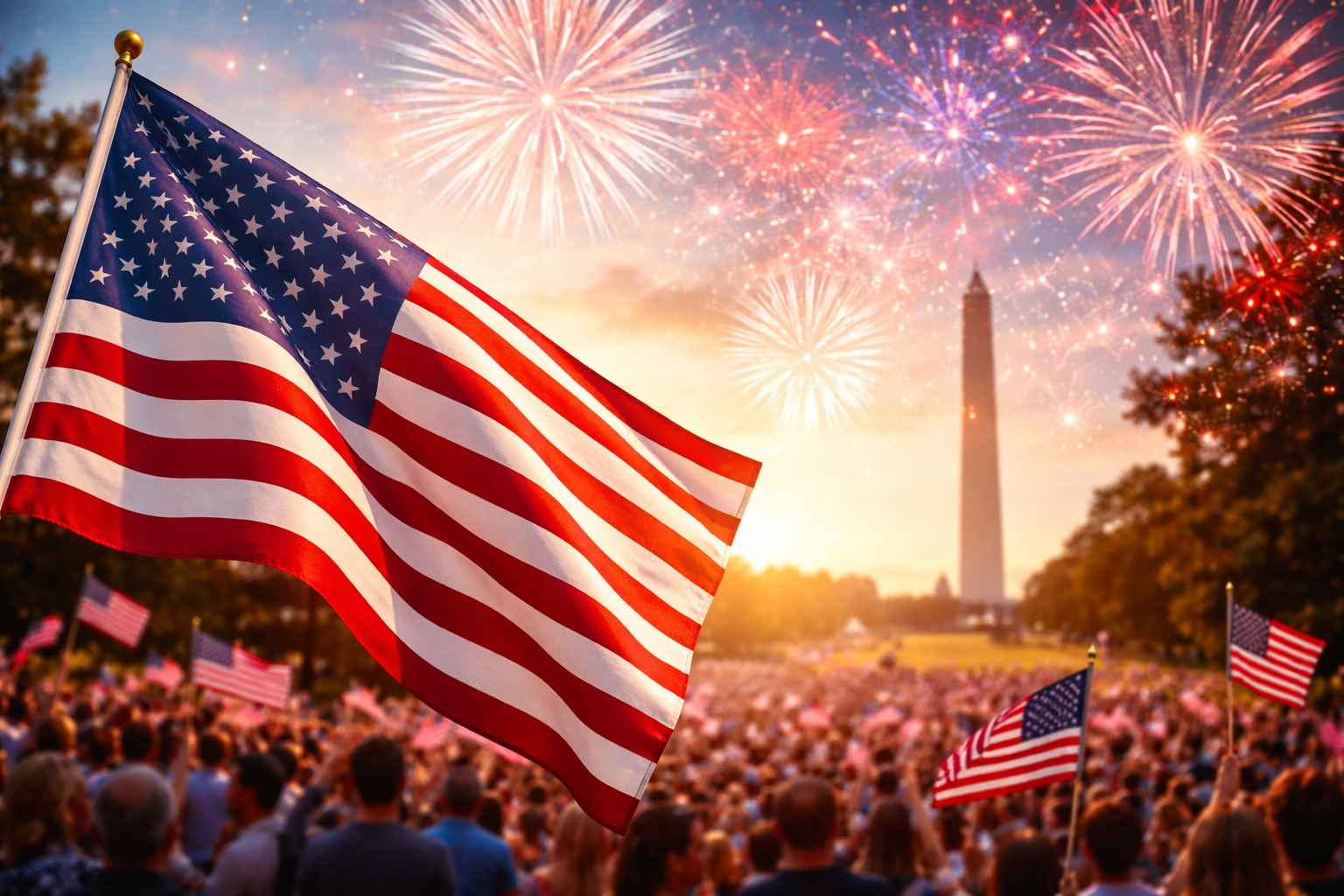 American flag waving during Independence Day celebration with fireworks and the Washington Monument in the background