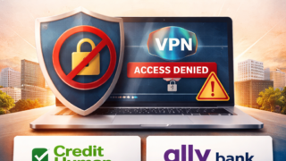Graphic illustrating banks and credit unions blocking VPN access during online banking login attempts.