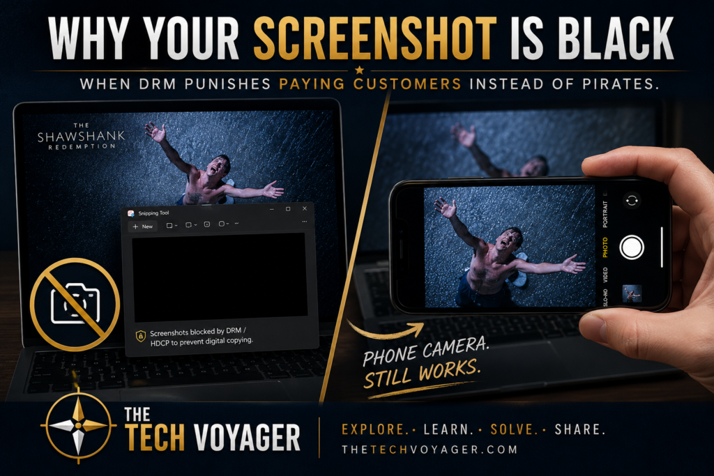 While creating a YouTube Short, I ran into an unexpected problem: every screenshot of a movie I legally own turned into a black screen. The irony? My phone camera solved the problem instantly. Here’s what happened—and what it says about today’s digital rights management.