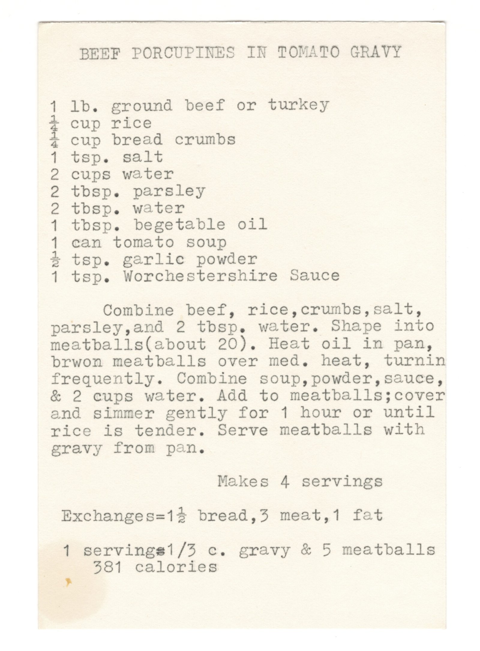 Original typewritten Beef Porcupines in Tomato Gravy recipe card from My Mom's Recipe Box