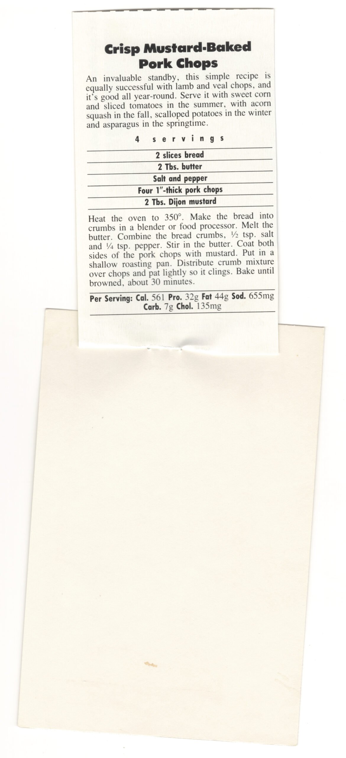 Original back of the Crisp Mustard-Baked Pork Chops magazine clipping mounted on an index card from My Mom's Recipe Box