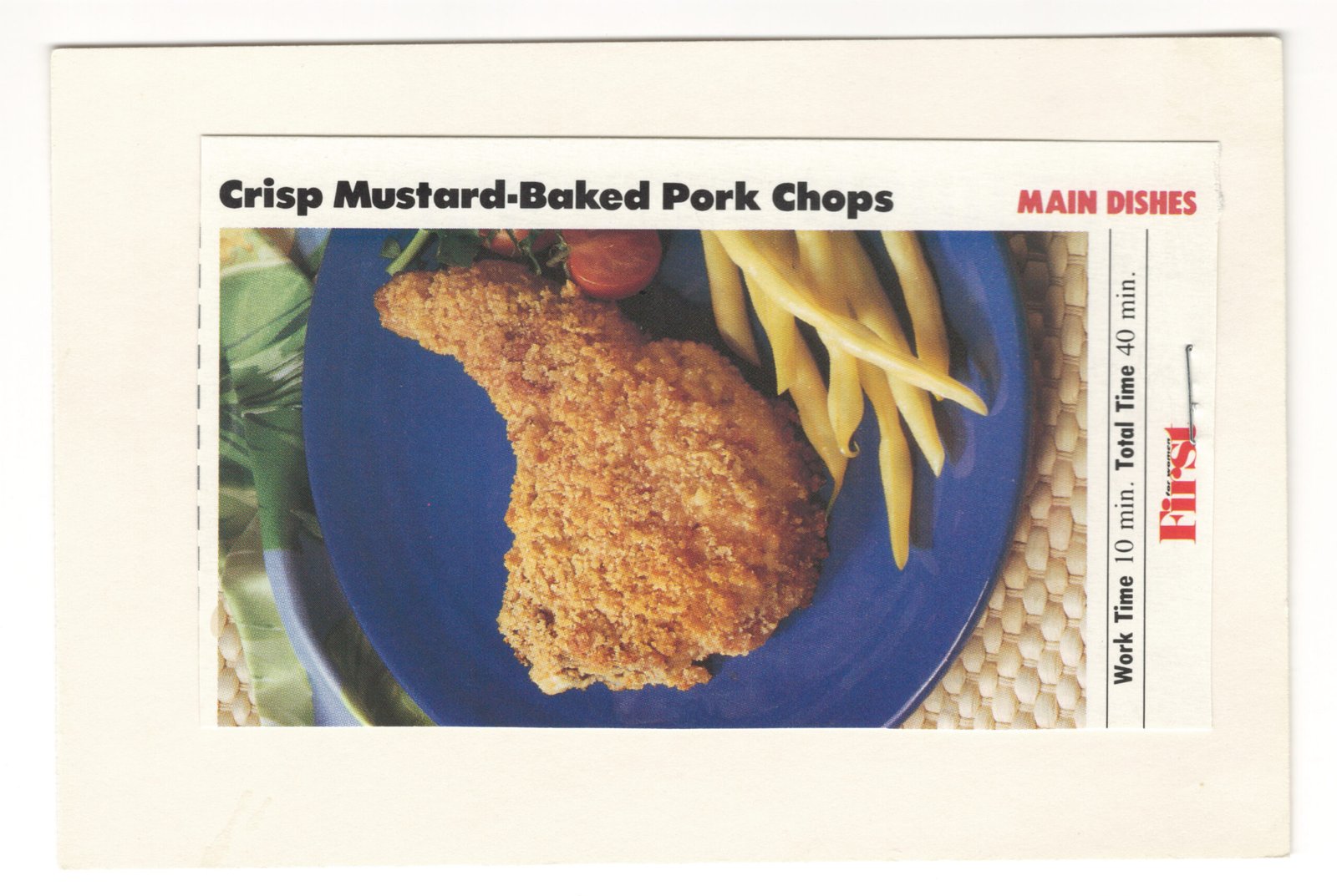 Original front of the Crisp Mustard-Baked Pork Chops magazine clipping mounted on an index card from My Mom's Recipe Box