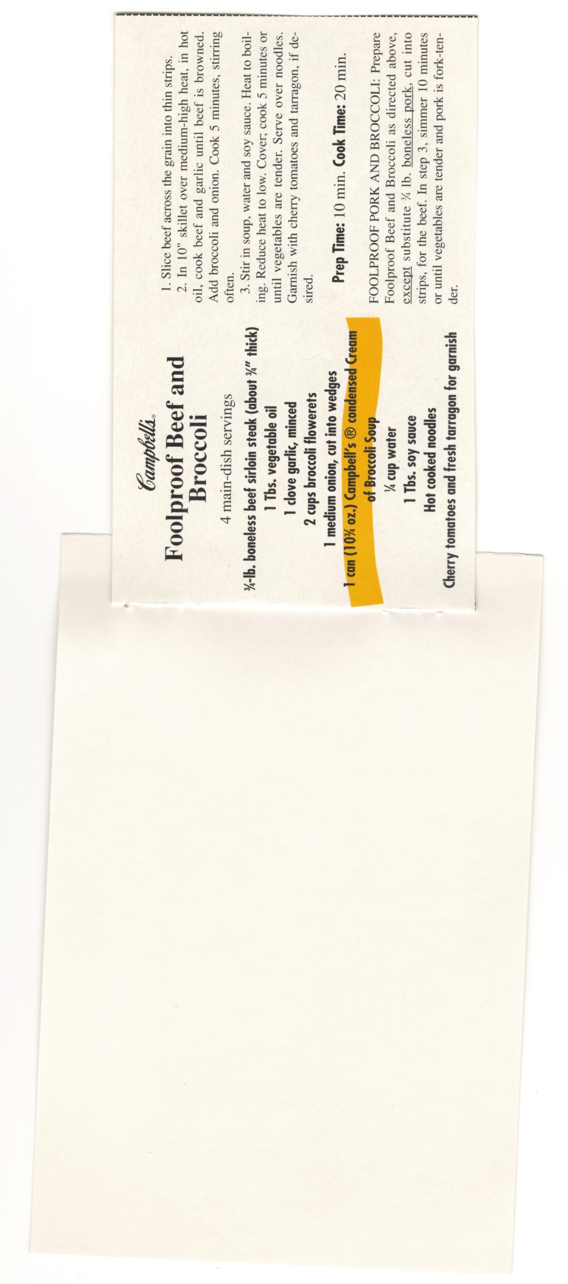 Original back of the Foolproof Beef and Broccoli magazine clipping mounted on an index card from My Mom's Recipe Box