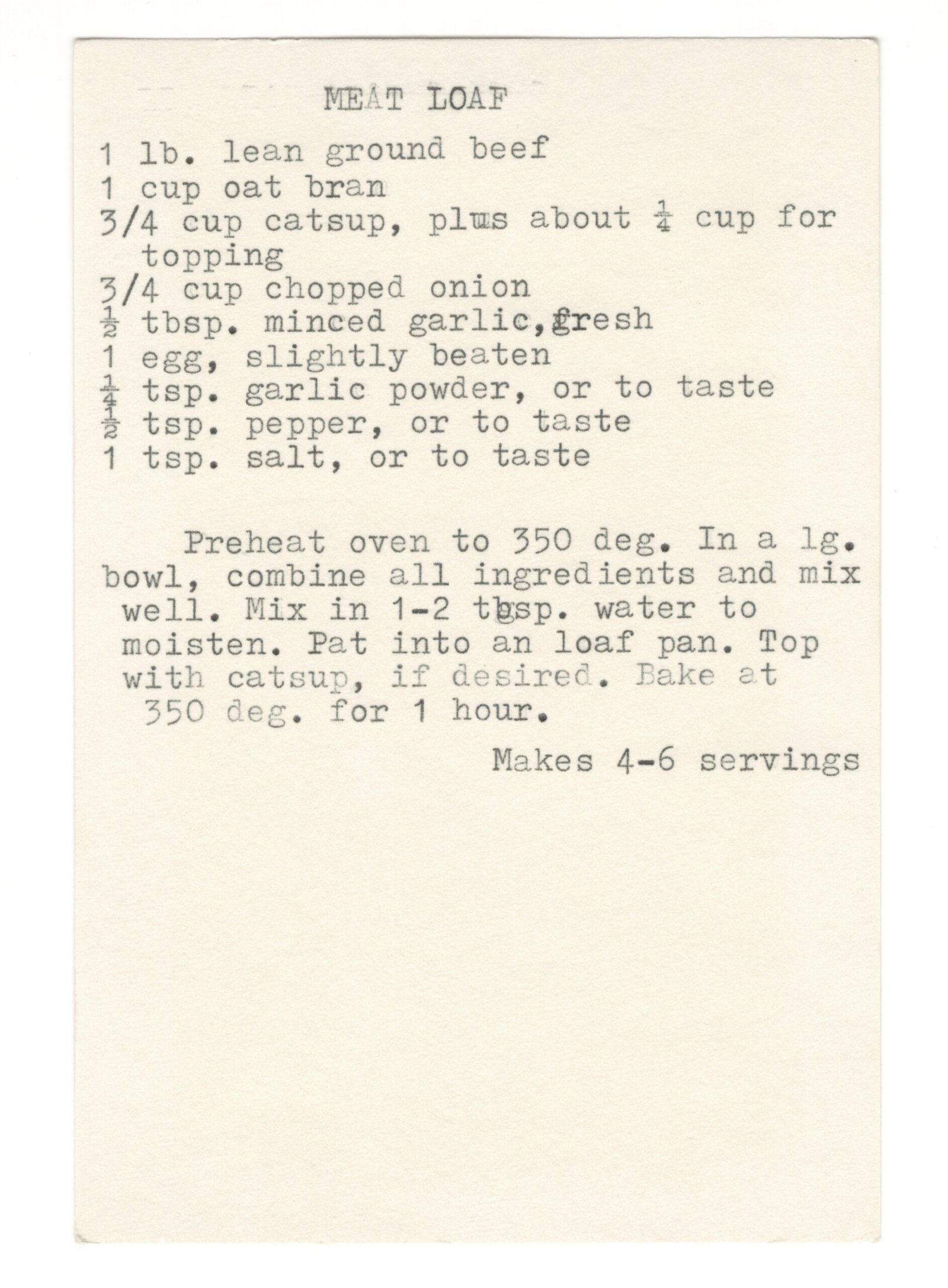 Original card of the Meat Loaf typewritten recipe card from My Mom's Recipe Box