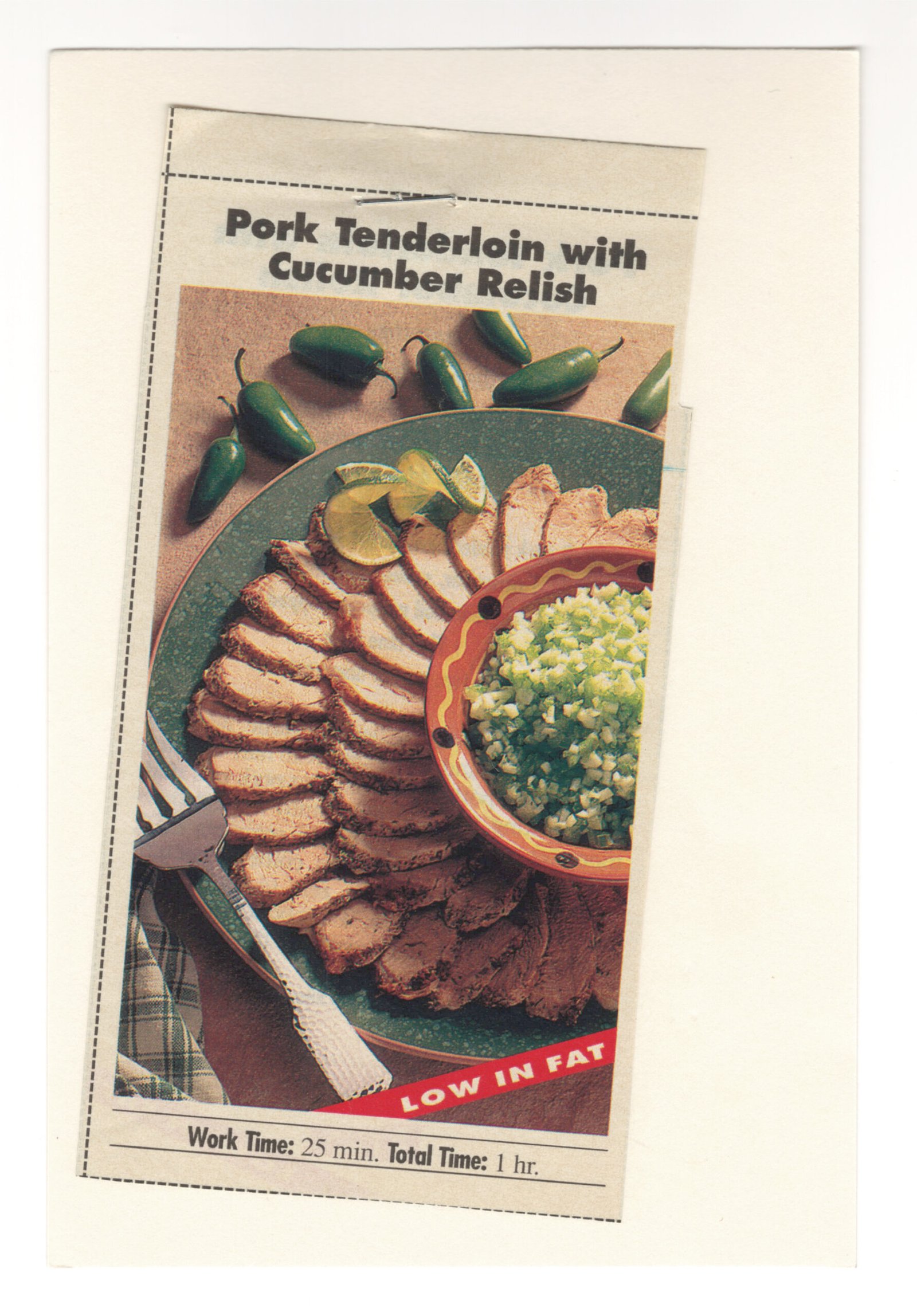 Original front of the Pork Tenderloin with Cucumber Relish magazine clipping mounted on an index card from My Mom's Recipe Box