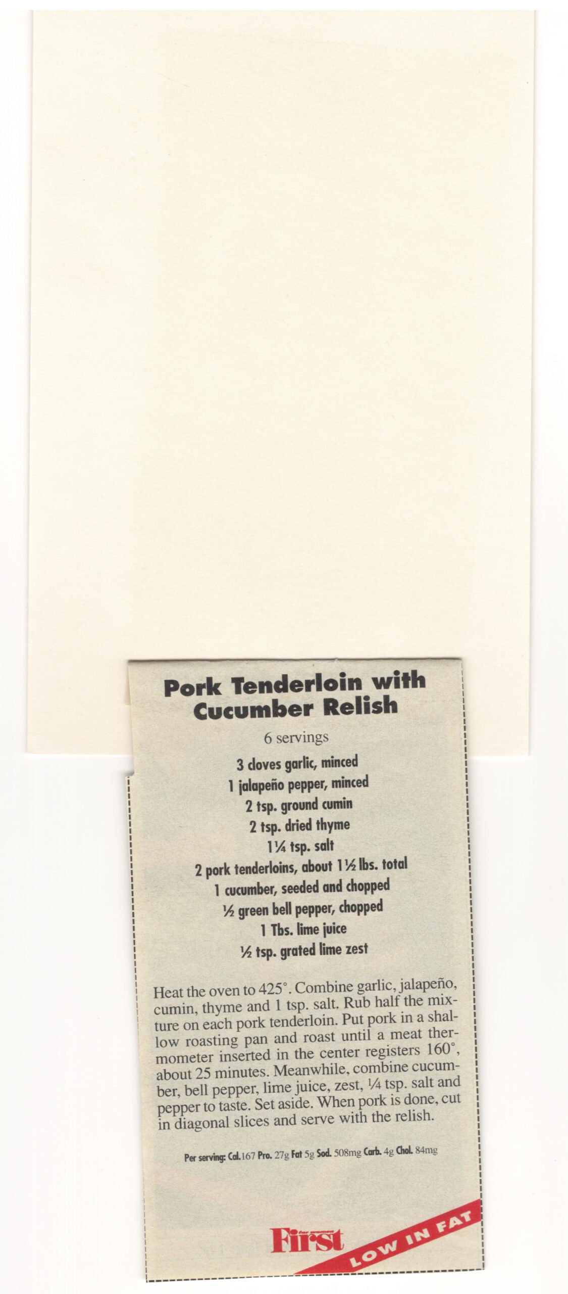 Original back of the Pork Tenderloin with Cucumber Relish magazine clipping mounted on an index card from My Mom's Recipe Box