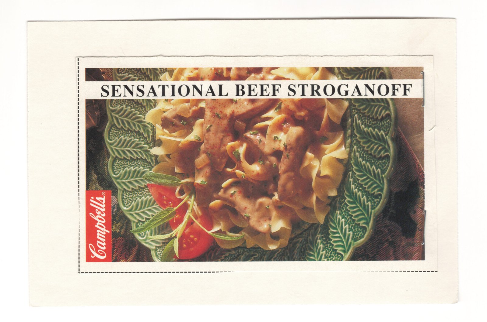Original front of the Sensational Beef Stroganoff magazine clipping mounted on an index card from My Mom's Recipe Box