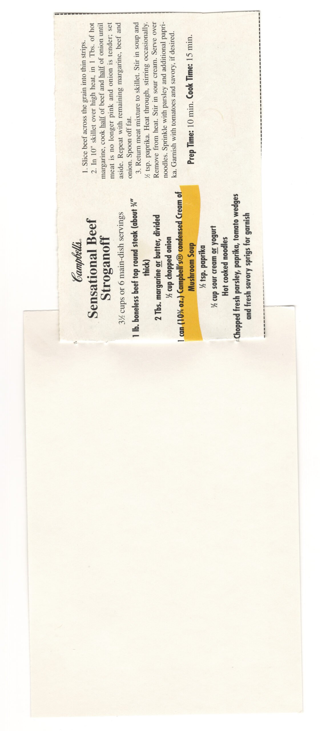 Original back of the Sensational Beef Stroganoff magazine clipping mounted on an index card from My Mom's Recipe Box