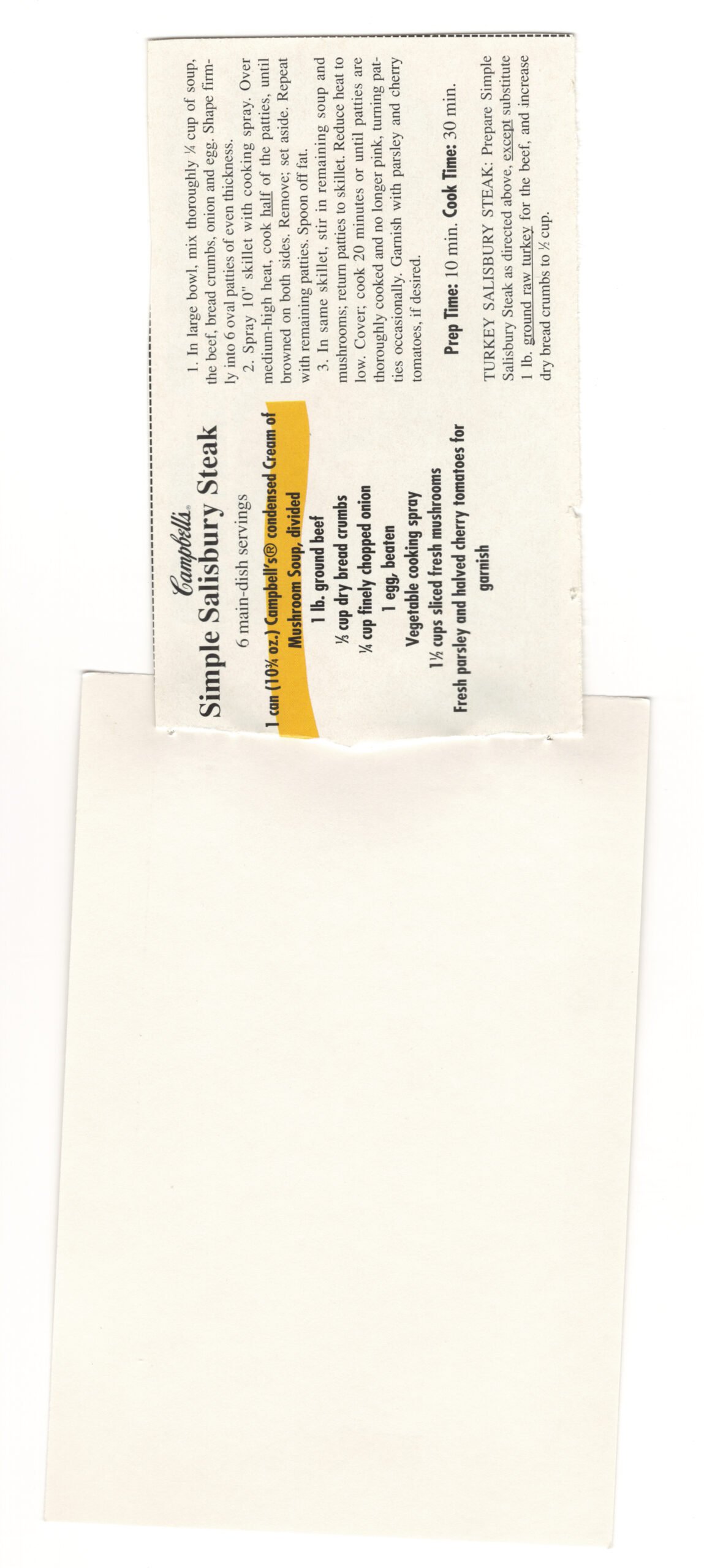 Original back of the Simple Salisbury Steak magazine clipping mounted on an index card from My Mom's Recipe Box