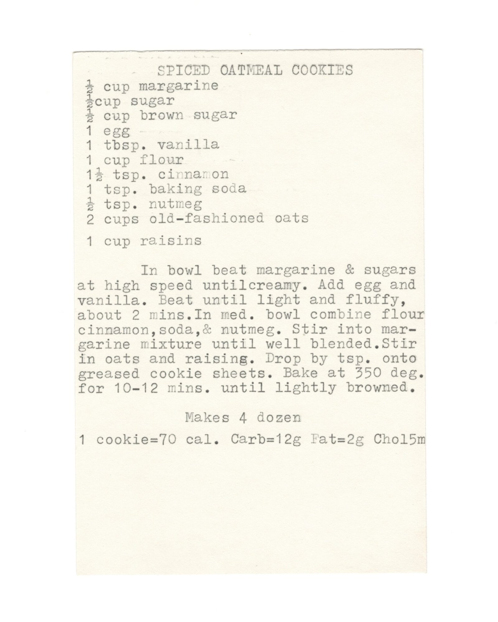 Original typewritten Spiced Oatmeal Cookies recipe card from My Mom's Recipe Box.