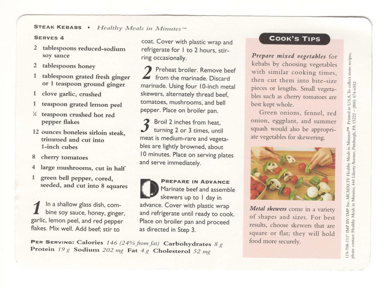 Original back of the Steak Kebabs printed recipe card from My Mom's Recipe Box