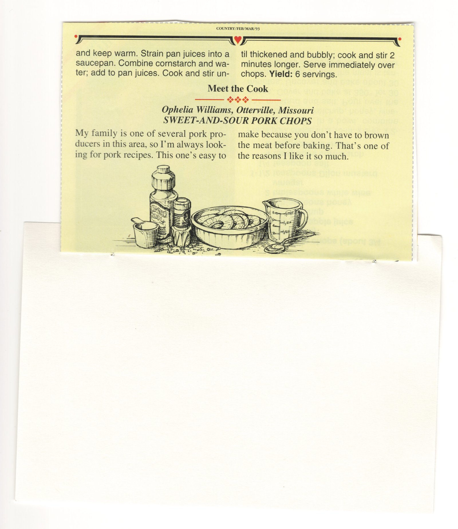 Original back of the Sweet-and-Sour Pork Chops magazine clipping mounted on an index card from My Mom's Recipe Box