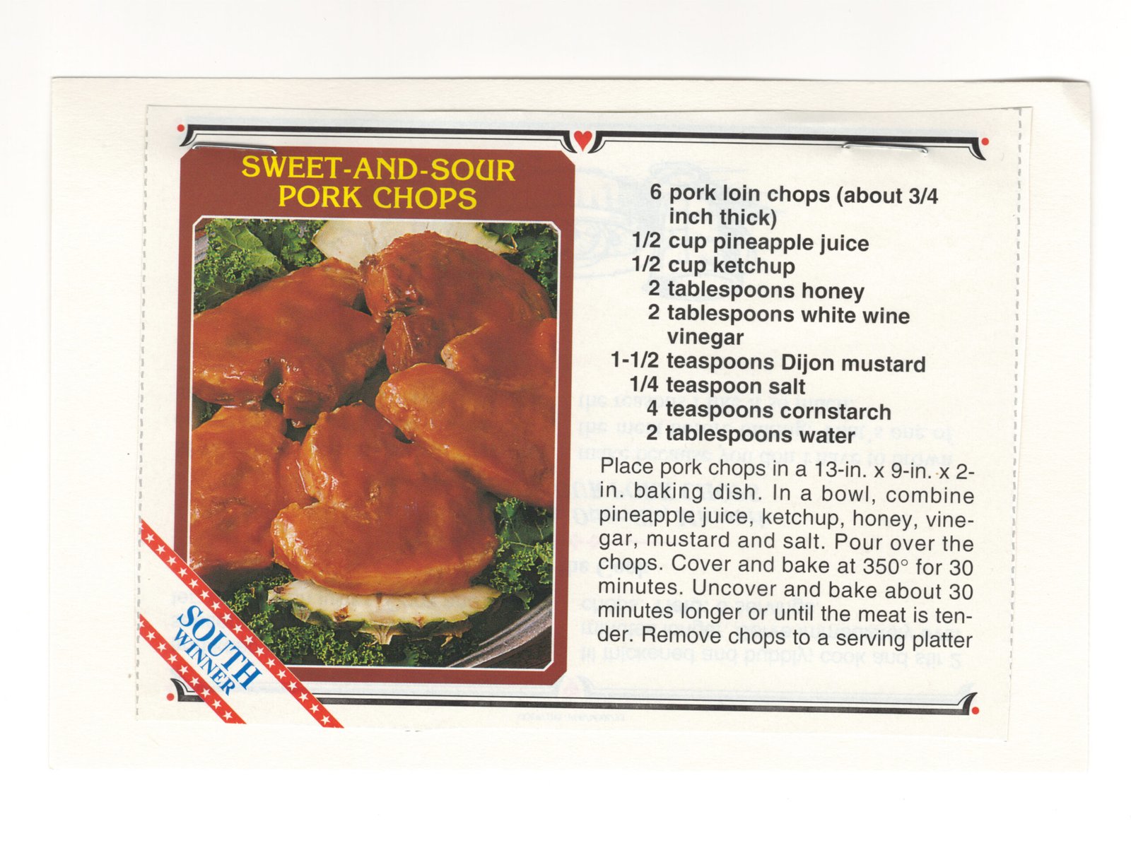 Original front of the Sweet-and-Sour Pork Chops magazine clipping mounted on an index card from My Mom's Recipe Box