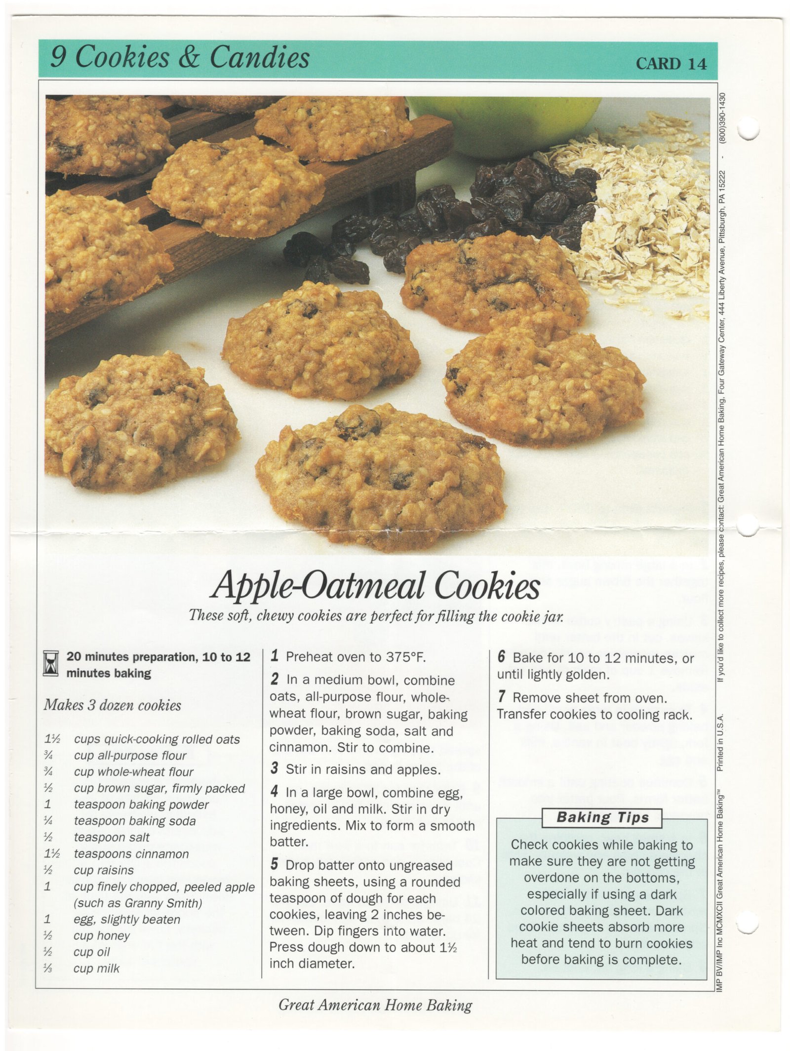 Original printed Apple-Oatmeal Cookies recipe card from My Mom's Recipe Box.