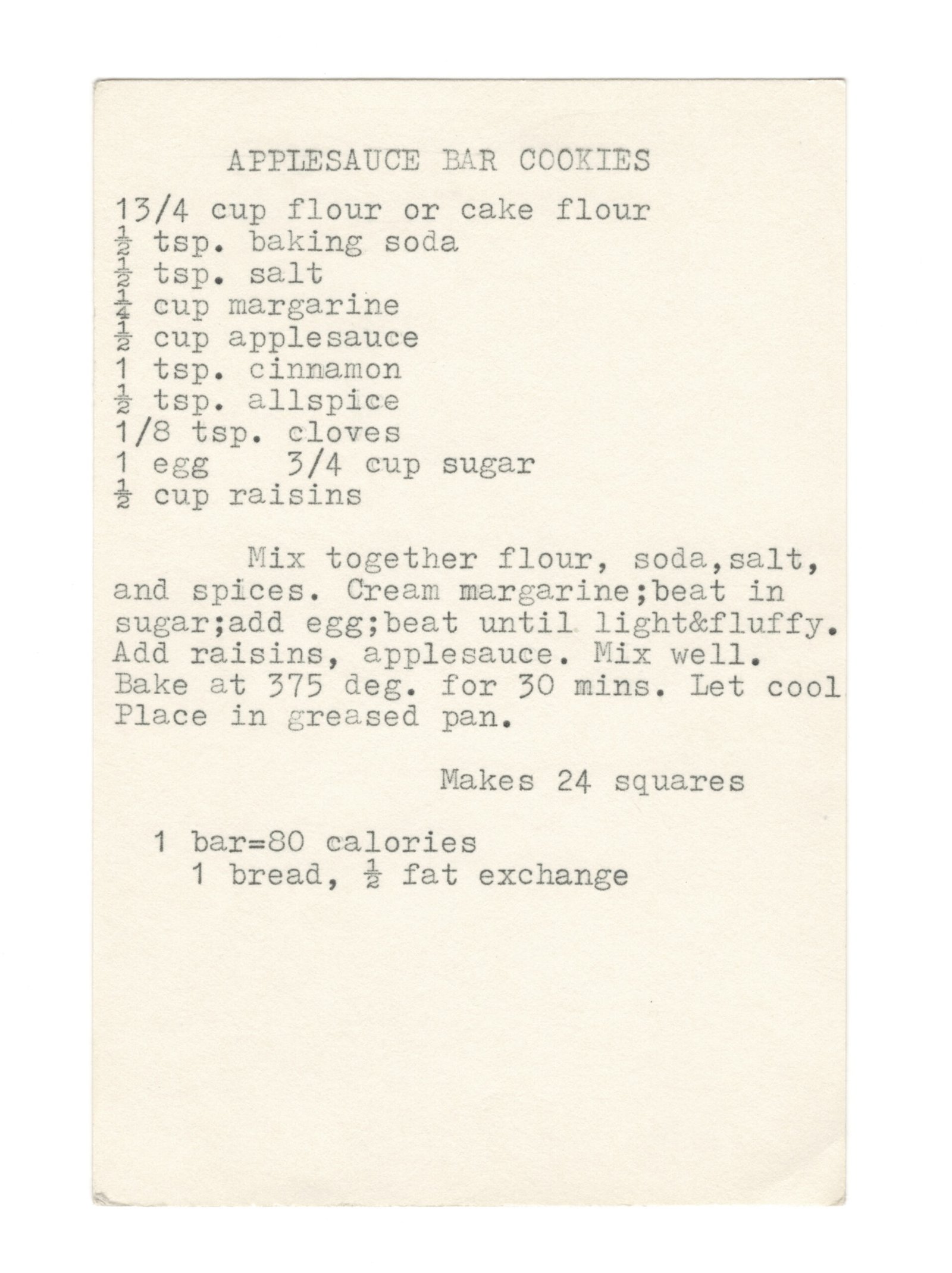Original typewritten Applesauce Bar Cookies recipe card from My Mom's Recipe Box.