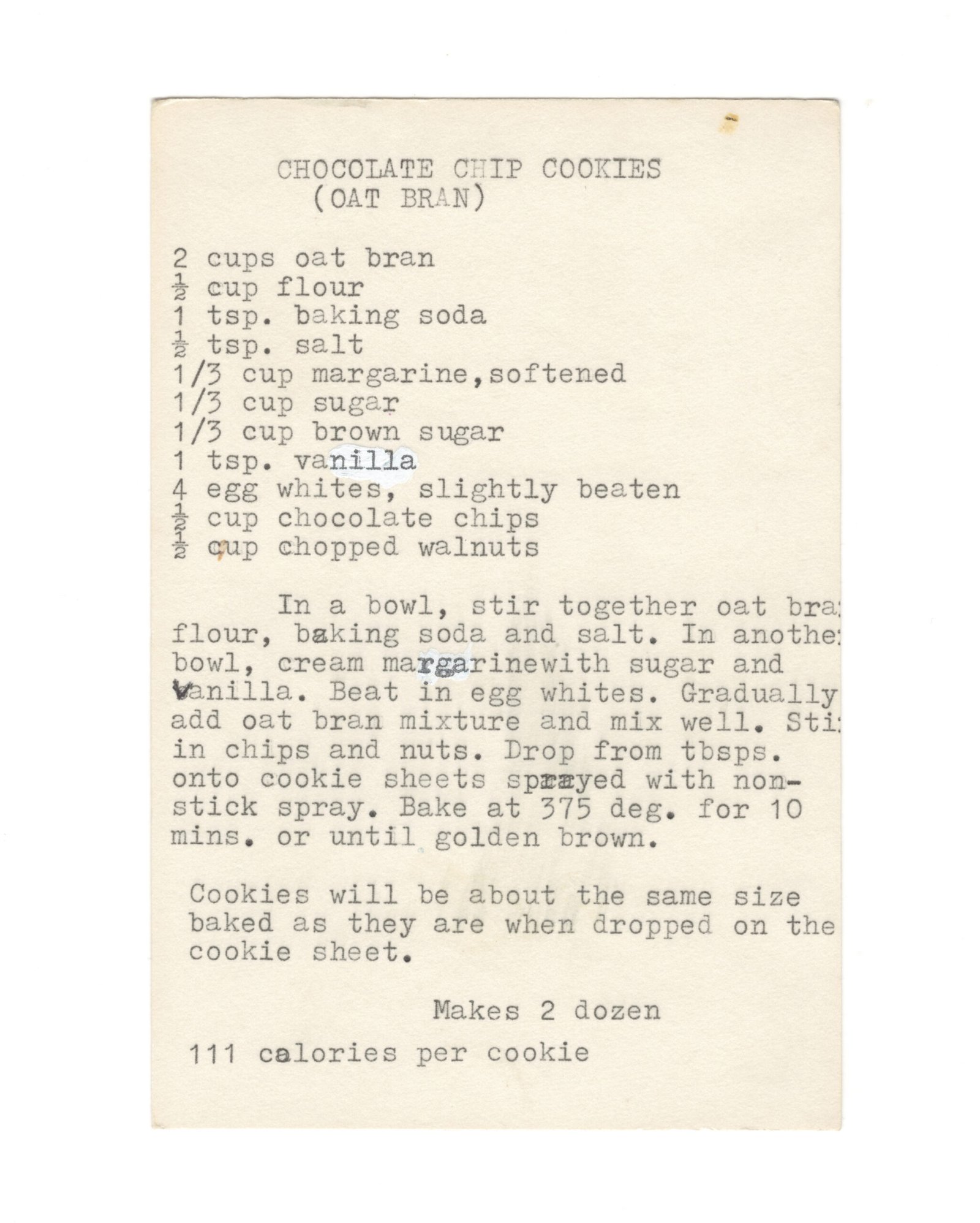 Original typewritten Chocolate Chip Cookies (Oat Bran) recipe card from My Mom's Recipe Box.