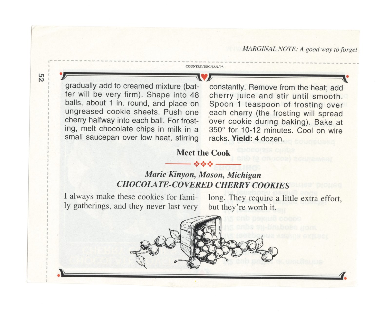Back of the Chocolate-Covered Cherry Cookies magazine clipping showing the continued directions and source note.