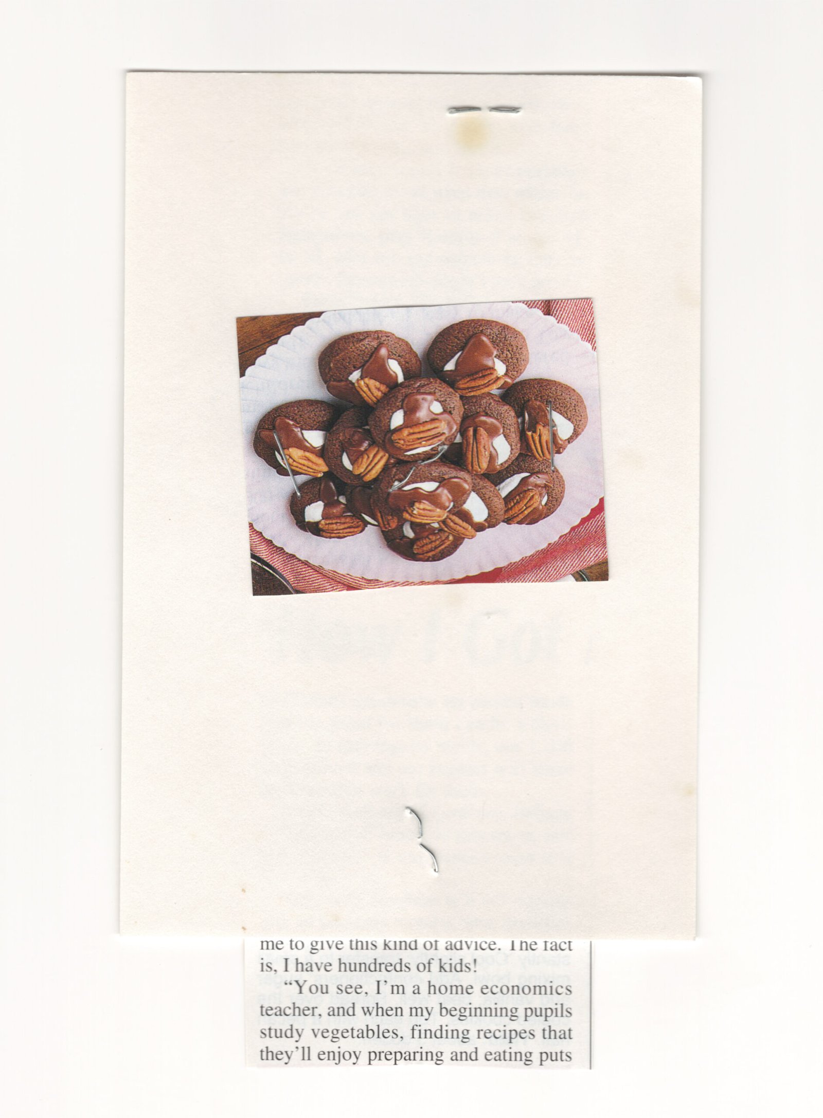 Back of the Chocolate Marshmallow Cookies index card showing the attached cookie photograph and staples.