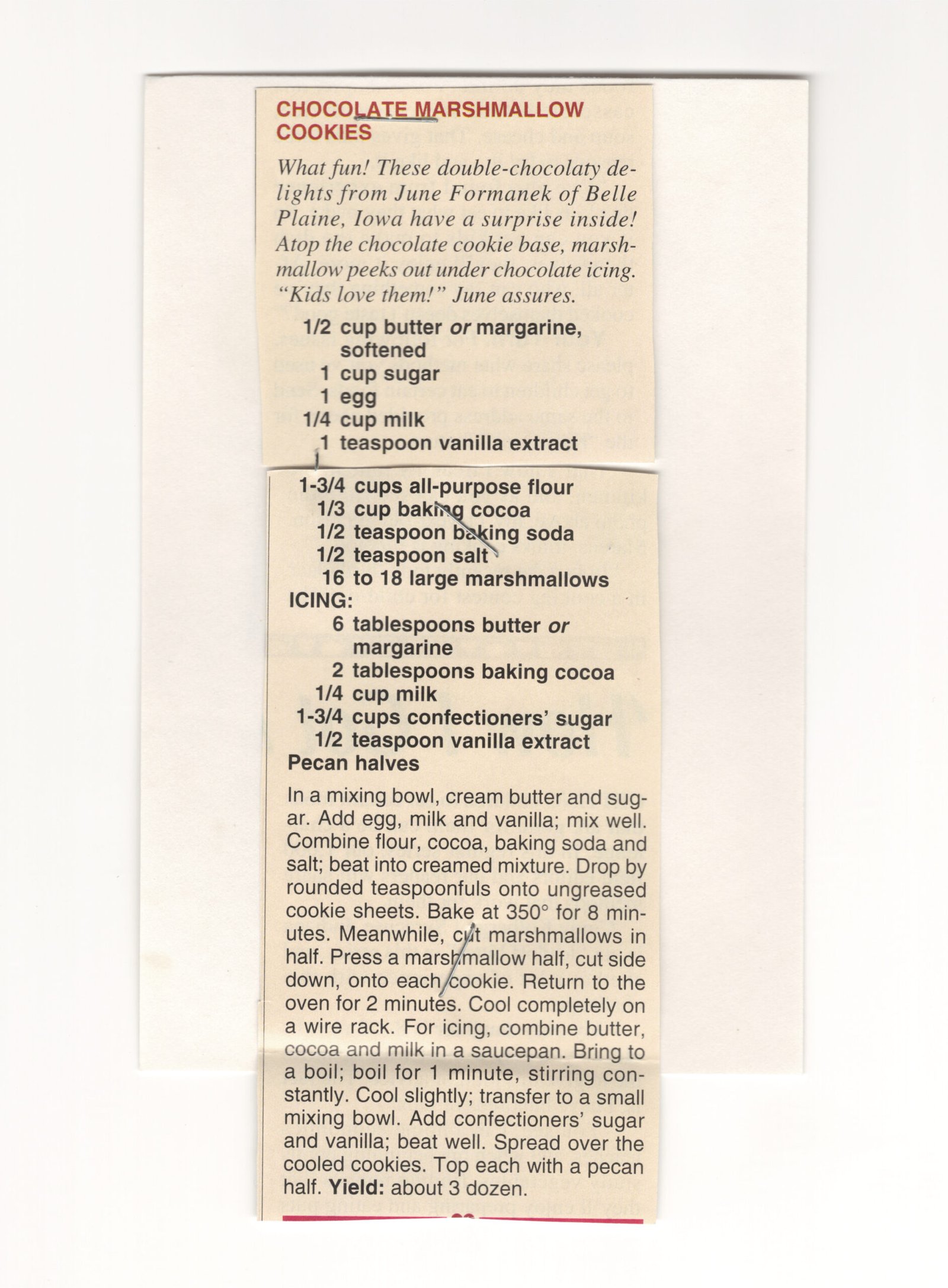 Front of the Chocolate Marshmallow Cookies magazine clipping stapled to an index card from My Mom's Recipe Box.