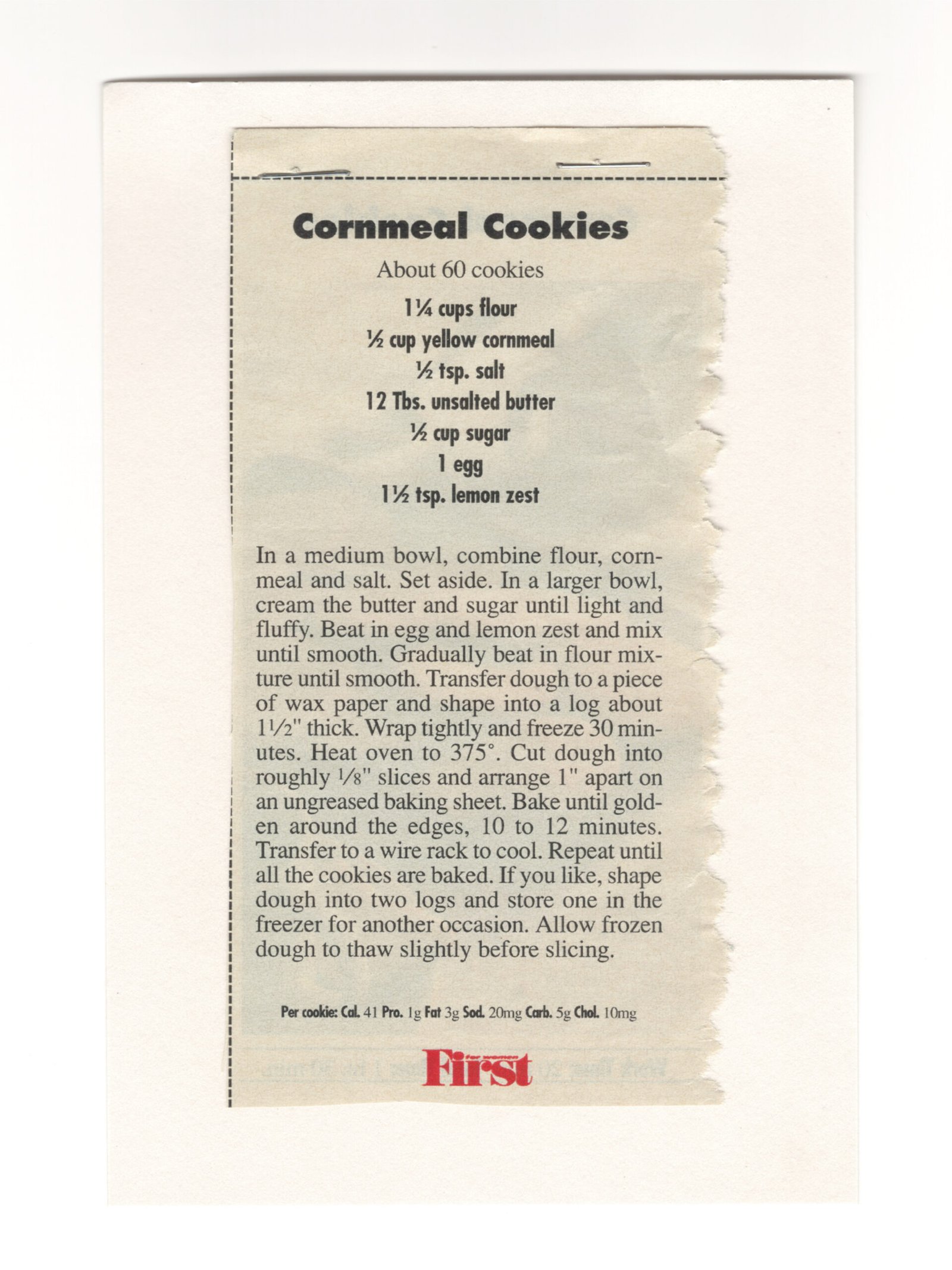 Original Cornmeal Cookies magazine clipping stapled to an index card from My Mom's Recipe Box.
