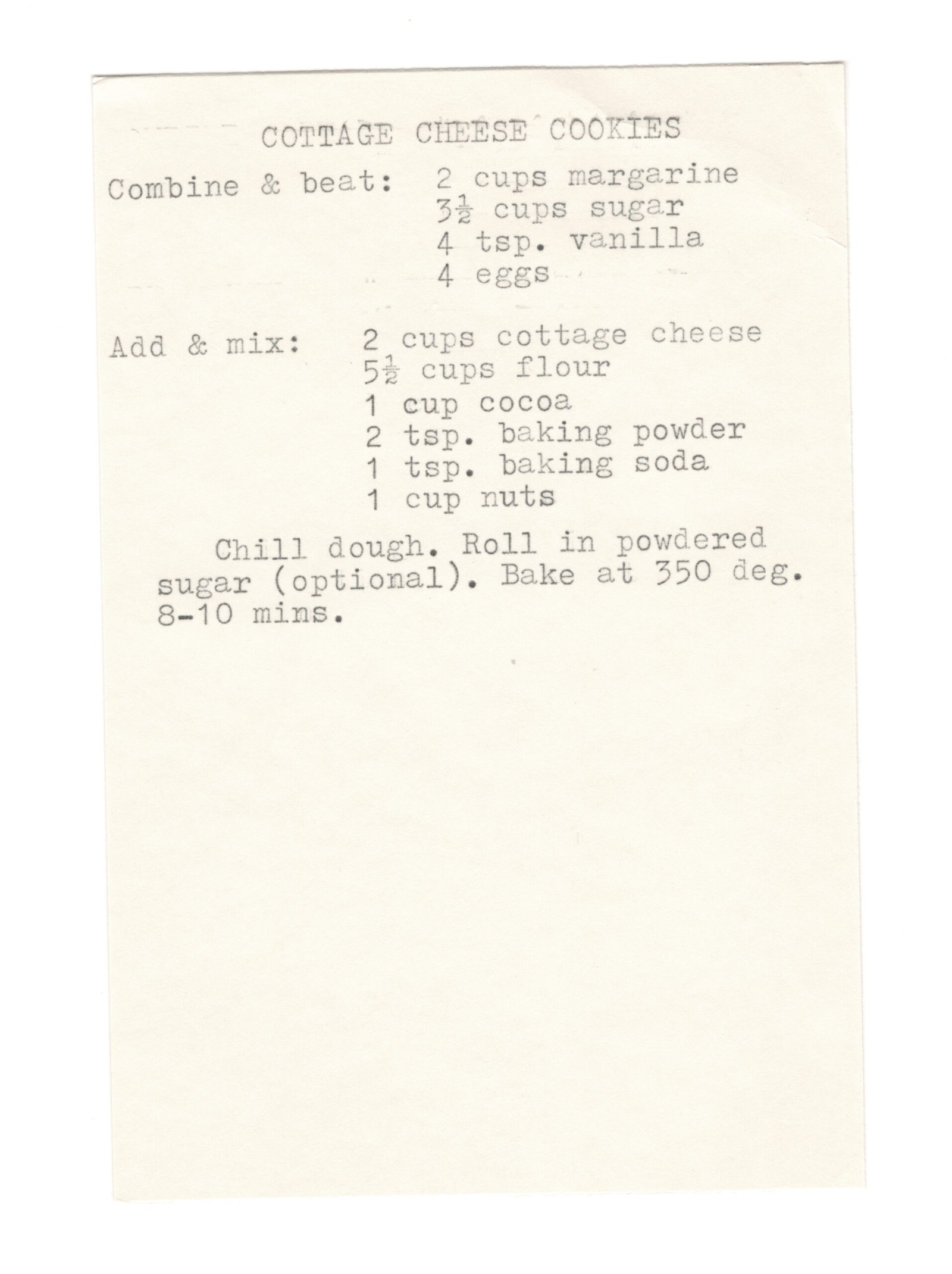 Original typewritten Cottage Cheese Cookies recipe card from My Mom's Recipe Box.