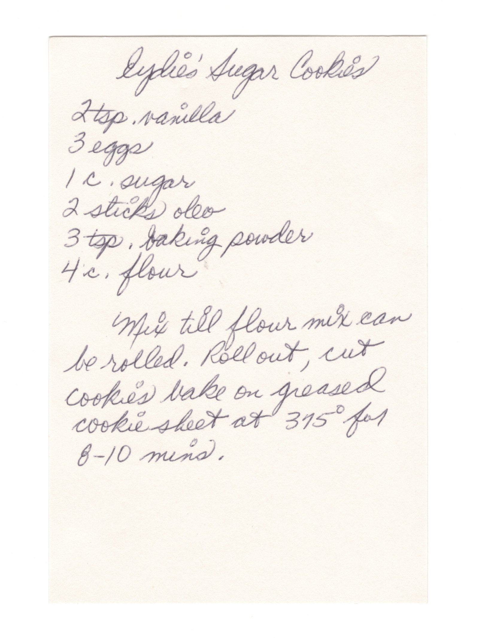 Original handwritten Eydie's Sugar Cookies recipe card from My Mom's Recipe Box.