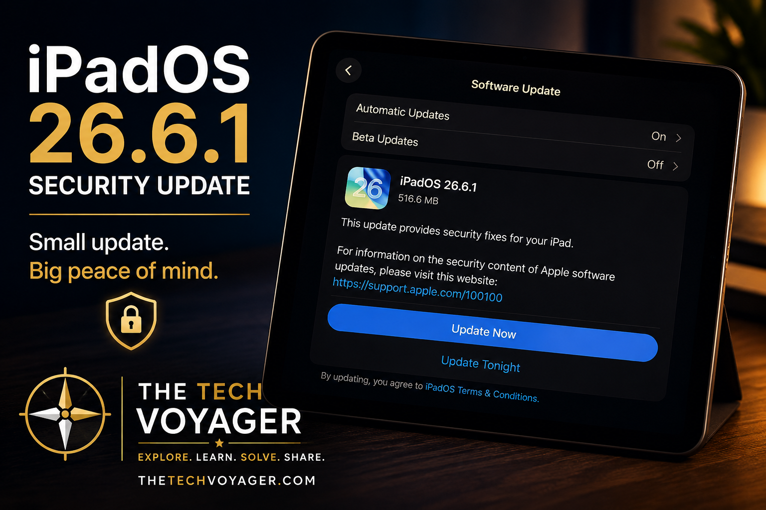 The Tech Voyager graphic about security updates for iPhone, iPad, and Mac.