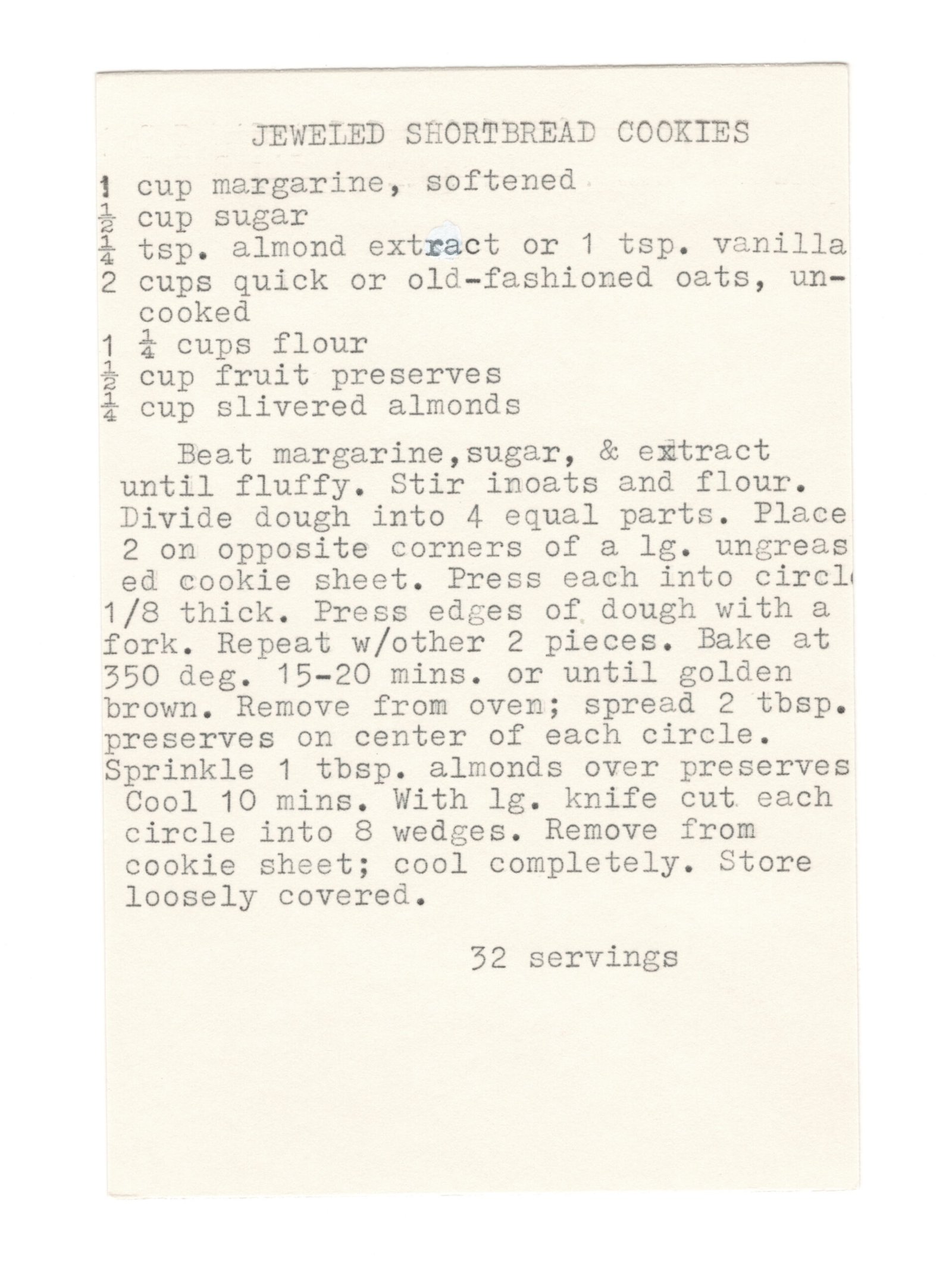Original typewritten Jeweled Shortbread Cookies recipe card from My Mom's Recipe Box.