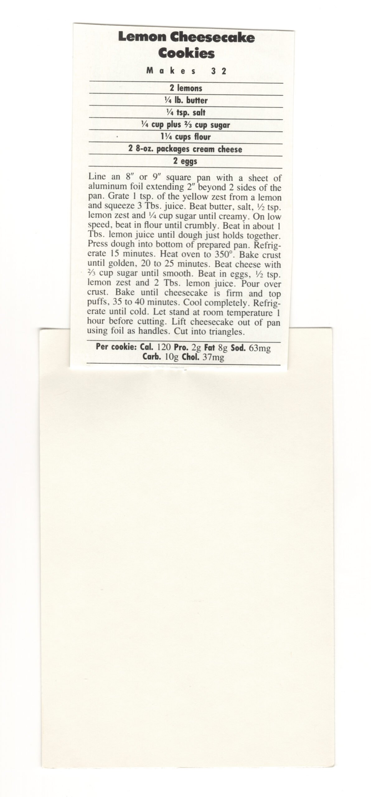 Back of the Lemon Cheesecake Cookies magazine clipping showing the ingredients and directions.