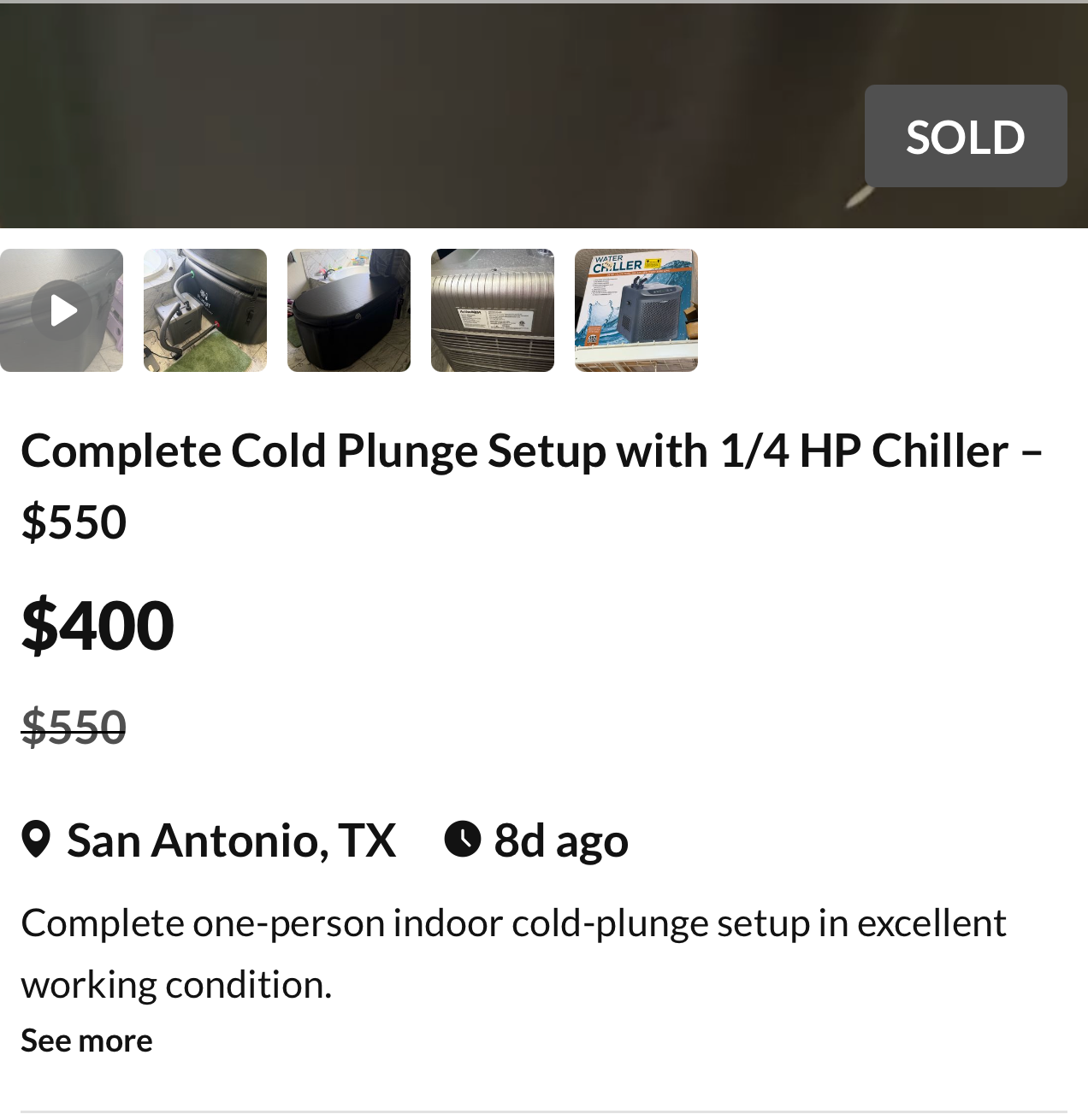 OfferUp listing marked sold at $400 after a $550 asking price for the final complete PlungIT system in San Antonio