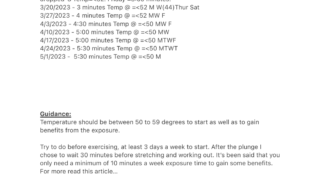 Michael’s 2023 cold-plunge diary recording times, temperatures, and headache observations from February through May.