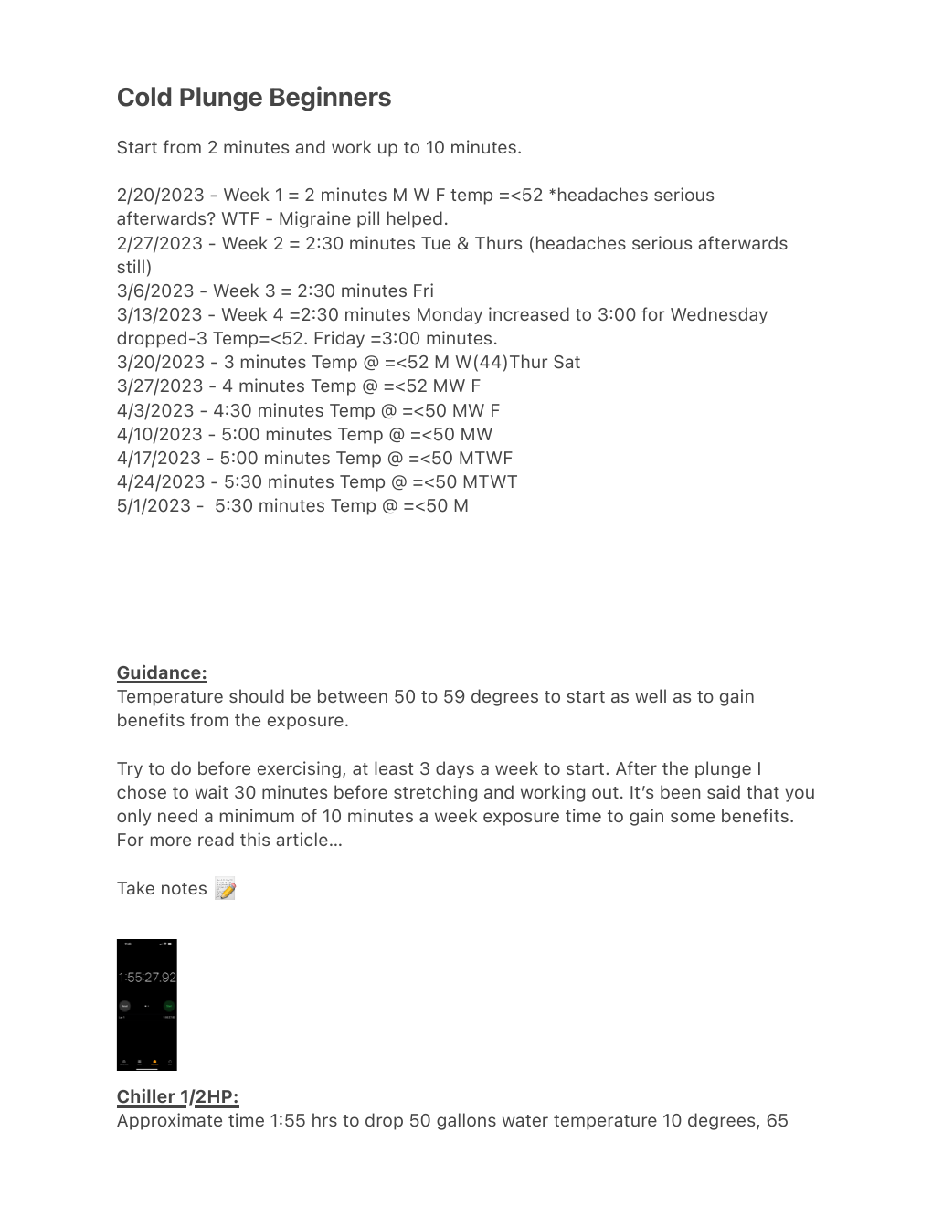 Michael’s 2023 cold-plunge diary recording times, temperatures, and headache observations from February through May.