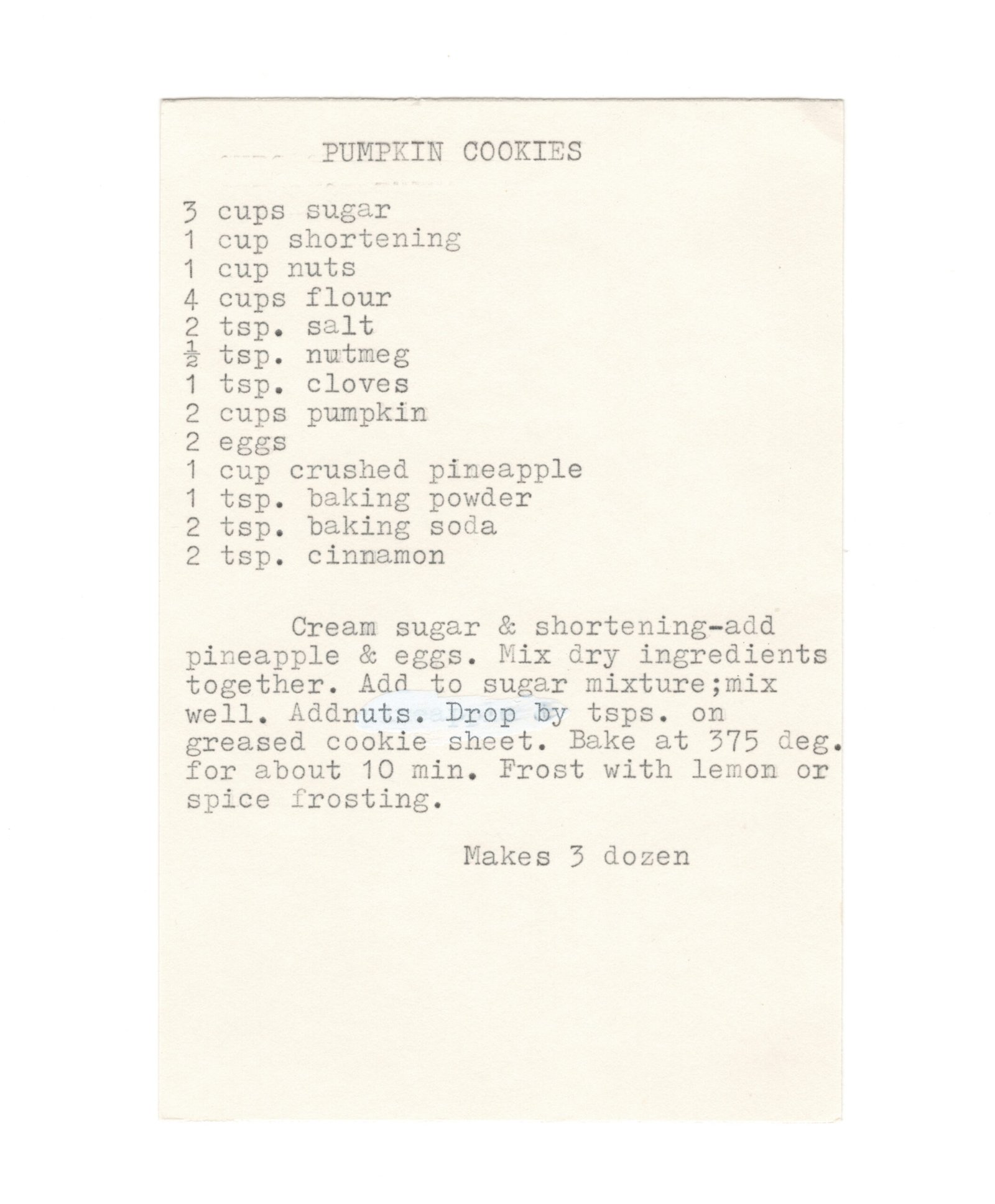 Original typewritten Pumpkin Cookies recipe card from My Mom's Recipe Box.