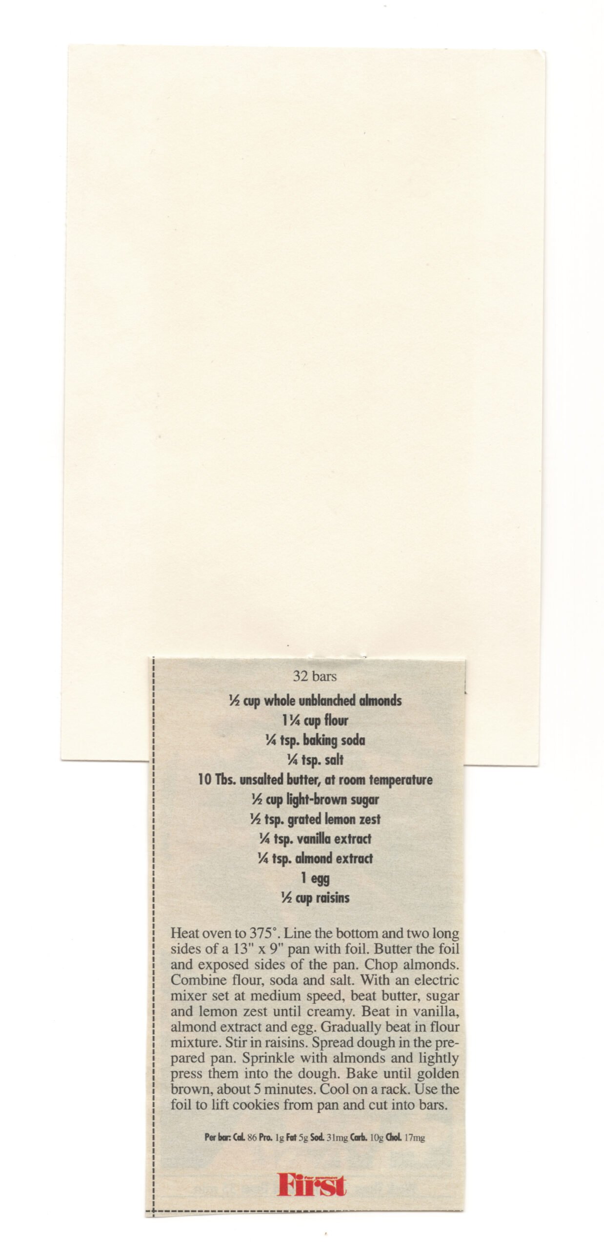 Back of the Raisin Almond Bars index card showing the printed ingredients and directions clipping.
