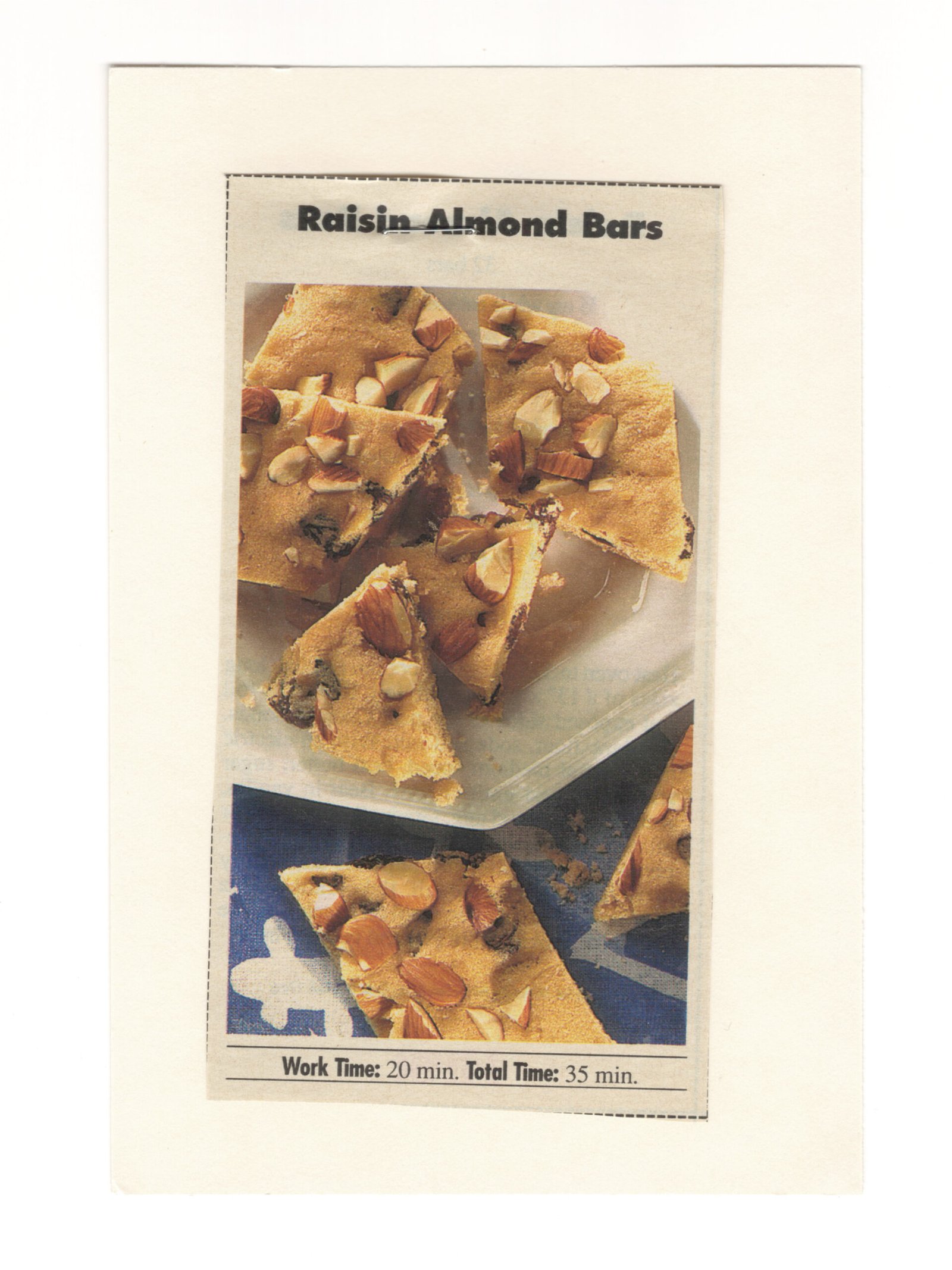 Front of the Raisin Almond Bars magazine clipping stapled to an index card from My Mom's Recipe Box.