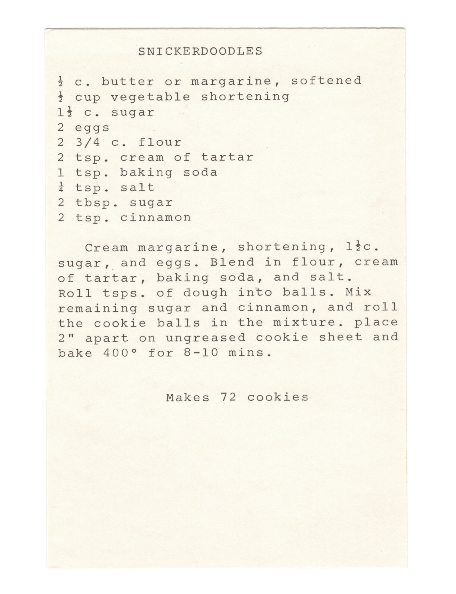 Original typewritten Snickerdoodles recipe card from My Mom's Recipe Box.