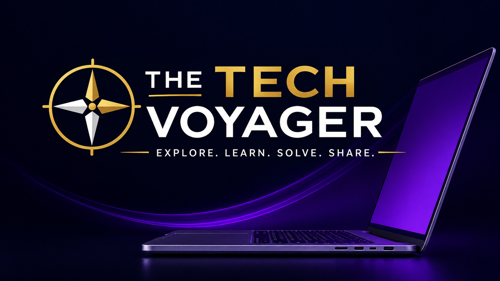 The Tech Voyager branded header with compass logo and laptop