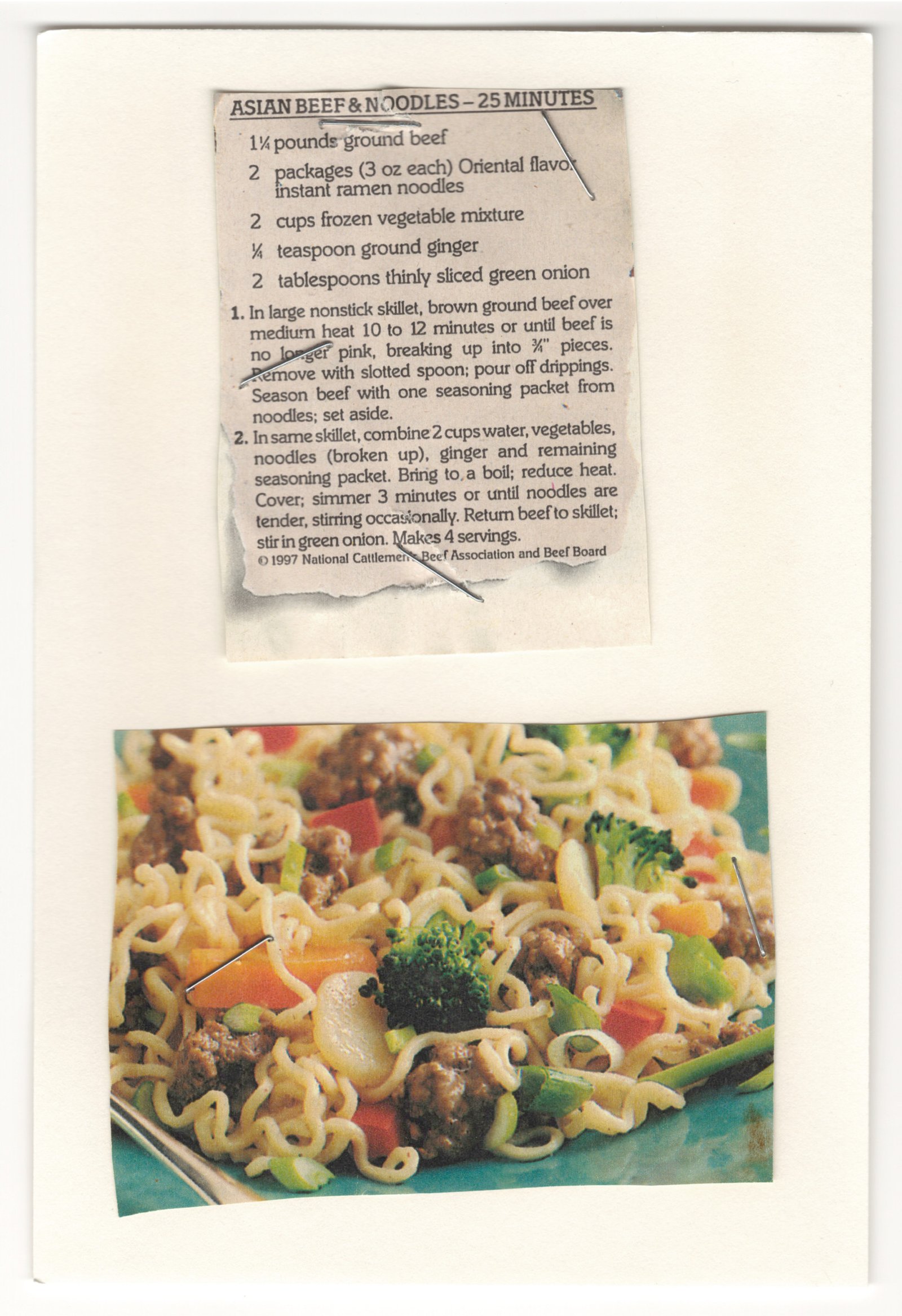 Original card of the Asian Beef & Noodles printed recipe clipping with food photograph from My Mom's Recipe Box