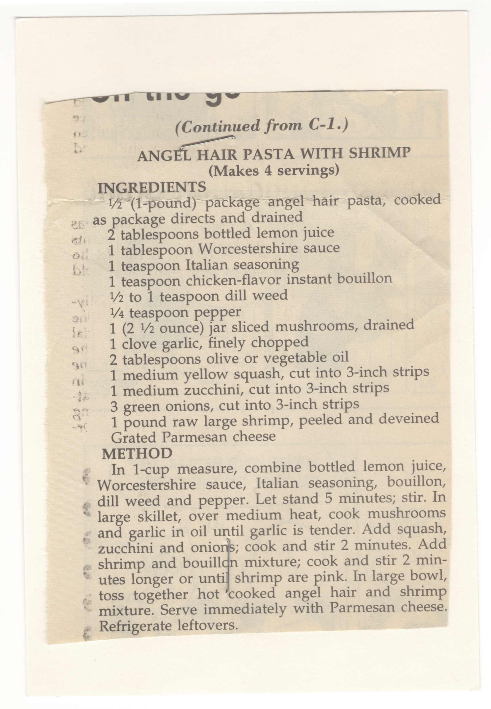 Original card of the Angel Hair Pasta With Shrimp newspaper clipping from My Mom's Recipe Box