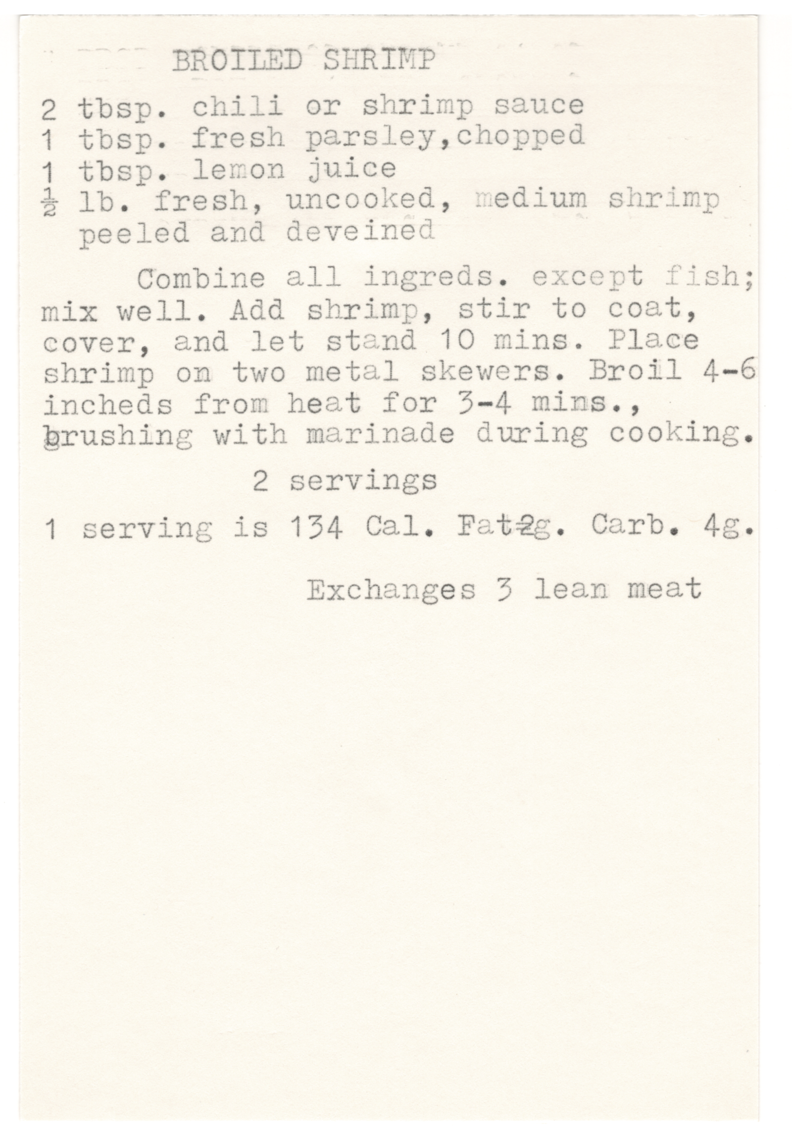 Original card of the Broiled Shrimp typewritten recipe card from My Mom's Recipe Box