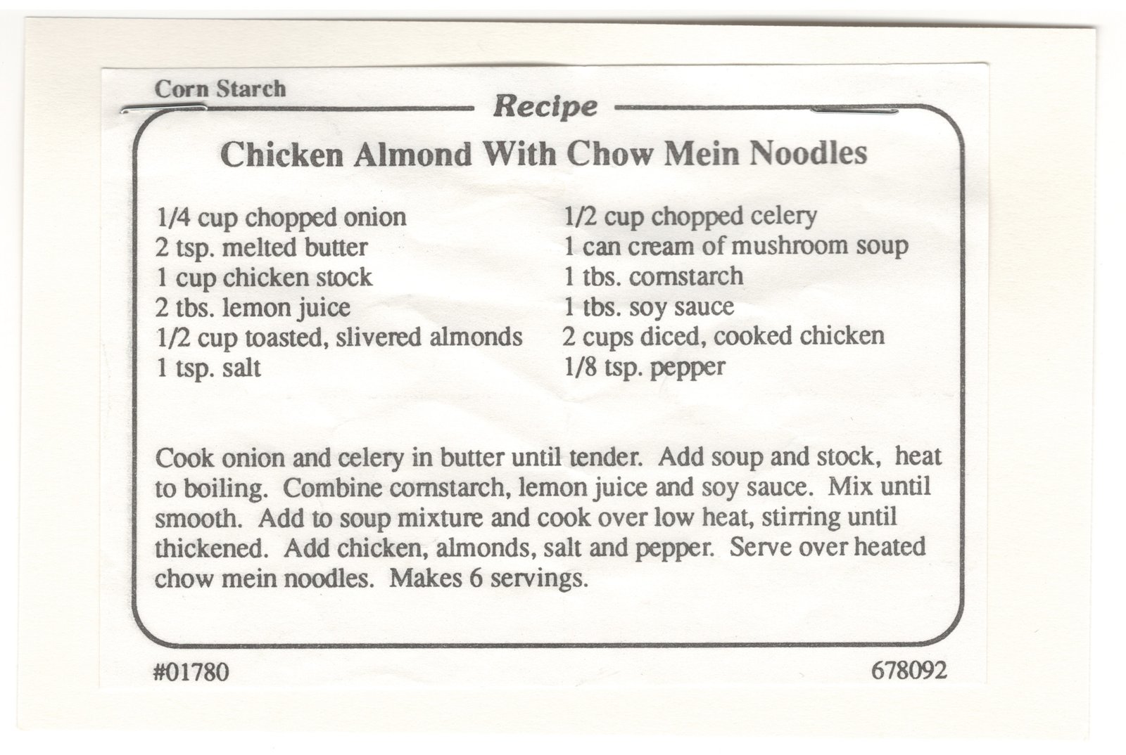 Original card of the Chicken Almond With Chow Mein Noodles printed cornstarch recipe card from My Mom's Recipe Box