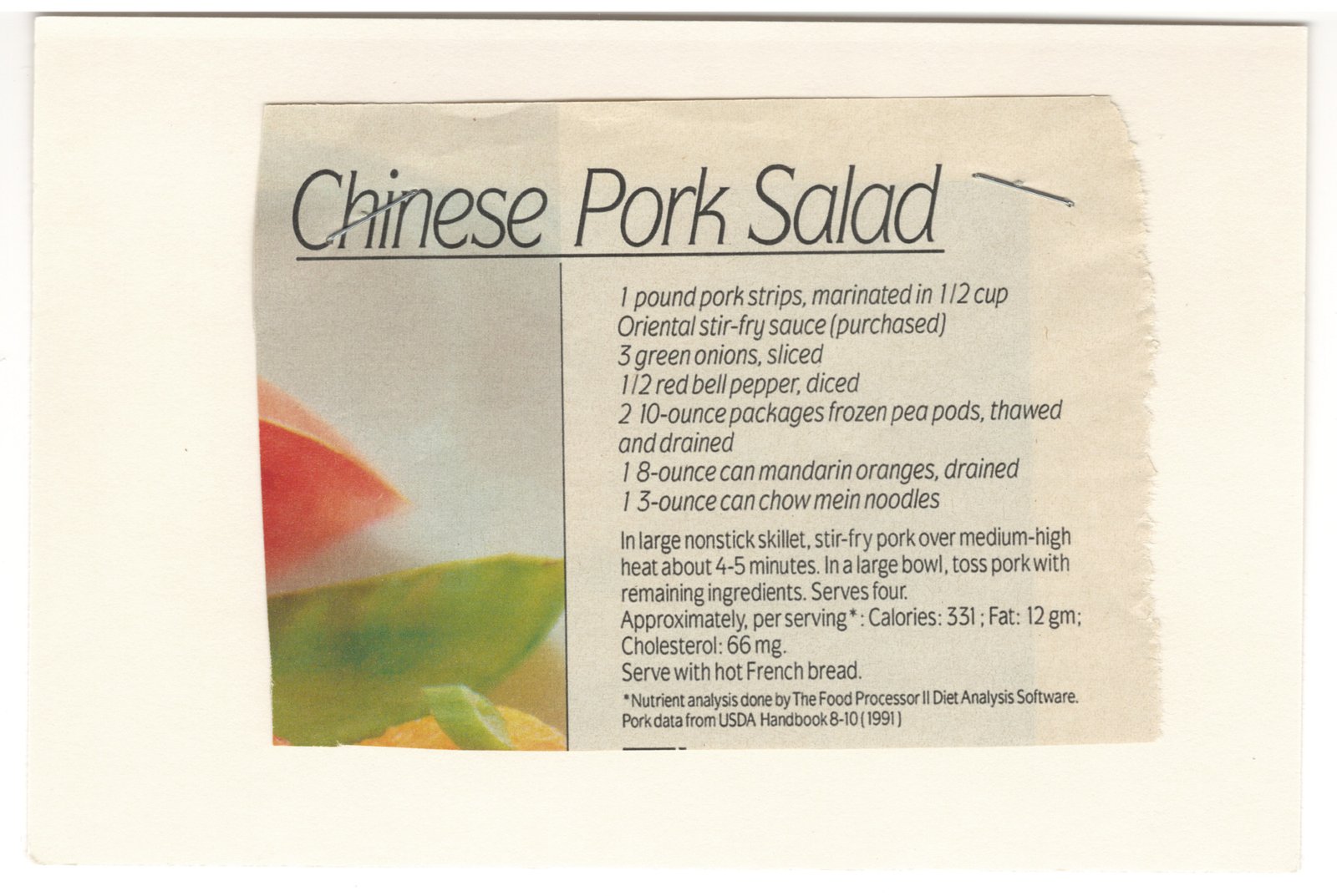 Original card of the Chinese Pork Salad printed recipe clipping from My Mom's Recipe Box