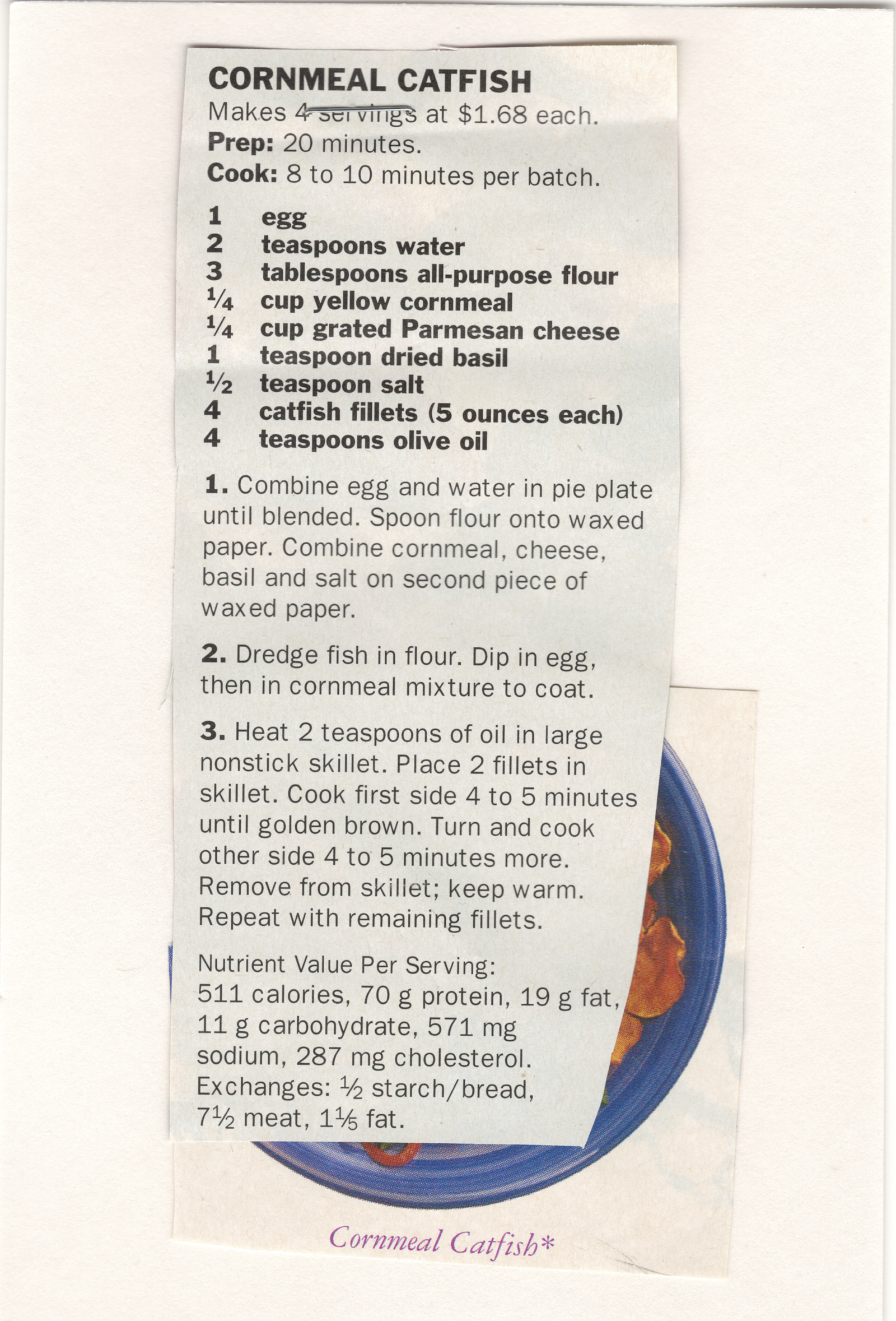 Original back of the Cornmeal Catfish printed clipping from My Mom's Recipe Box