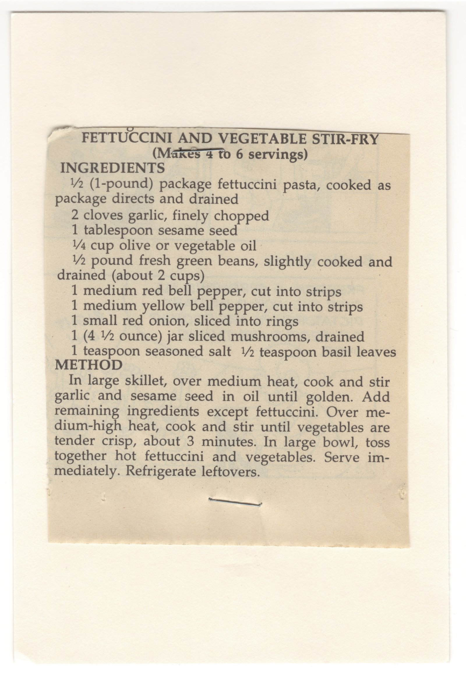 Original card of the Fettuccini and Vegetable Stir-Fry printed recipe clipping from My Mom's Recipe Box