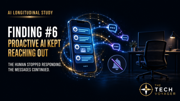 Finding #6 infographic showing proactive AI messages continuing while the human participant is absent and notifications are muted