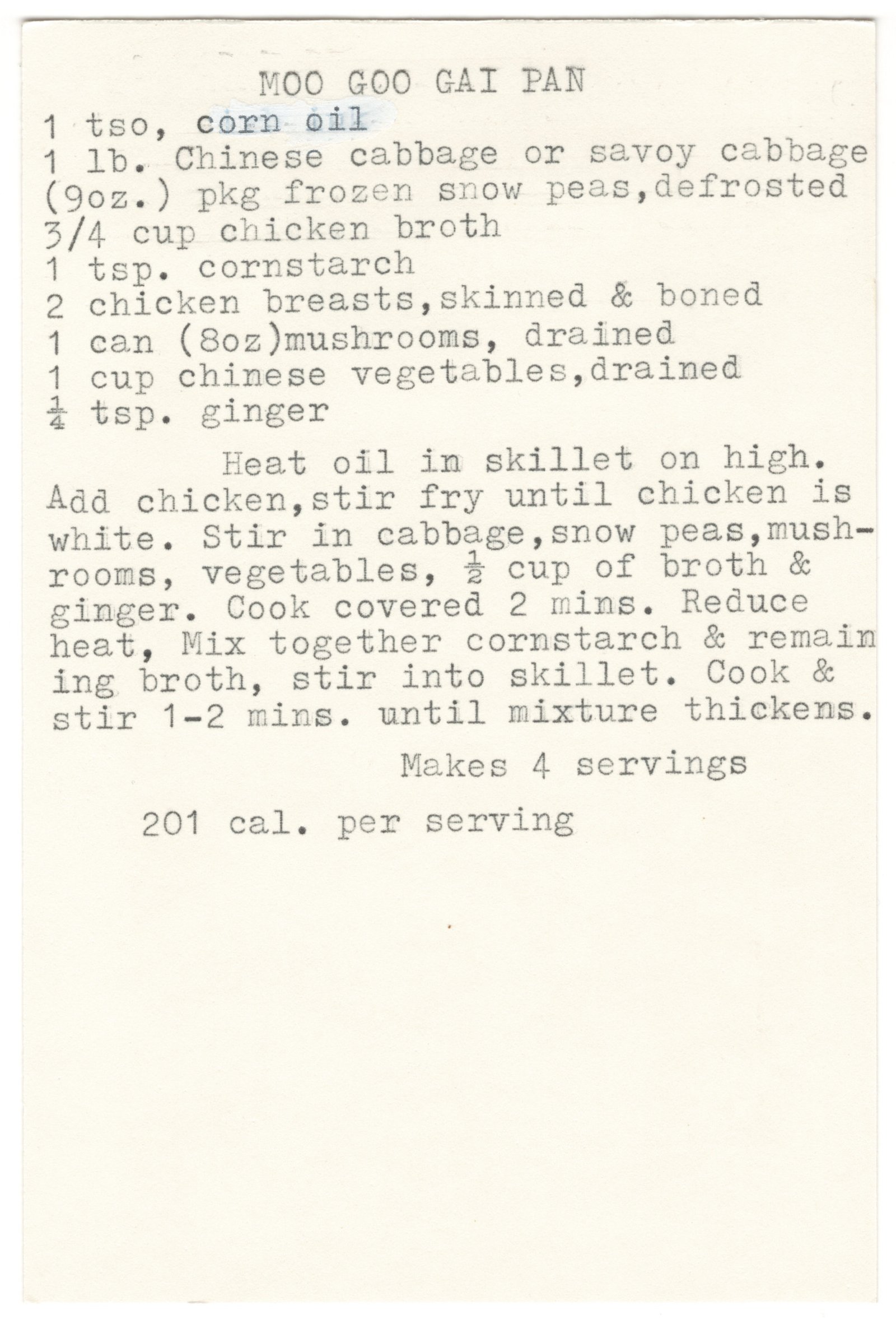 Original card of the Moo Goo Gai Pan typewritten recipe card from My Mom's Recipe Box