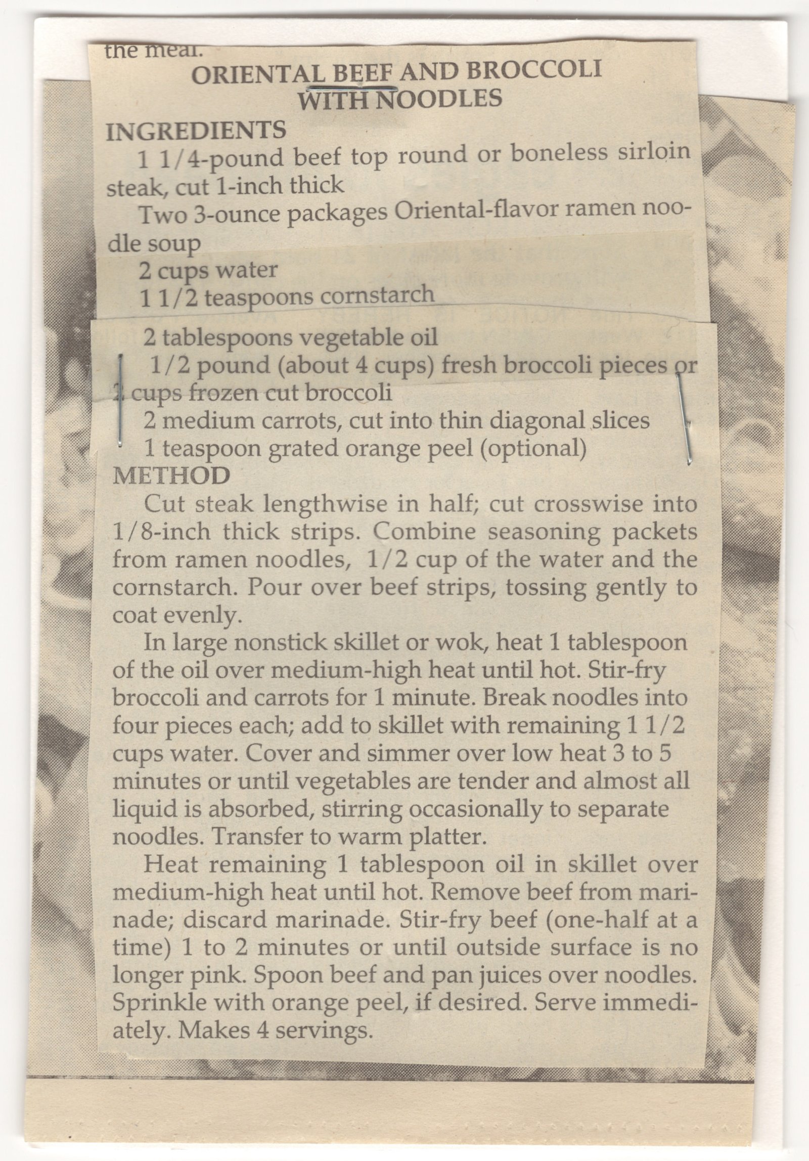 Original card of the Oriental Beef and Broccoli With Noodles multi-piece printed recipe clipping from My Mom's Recipe Box