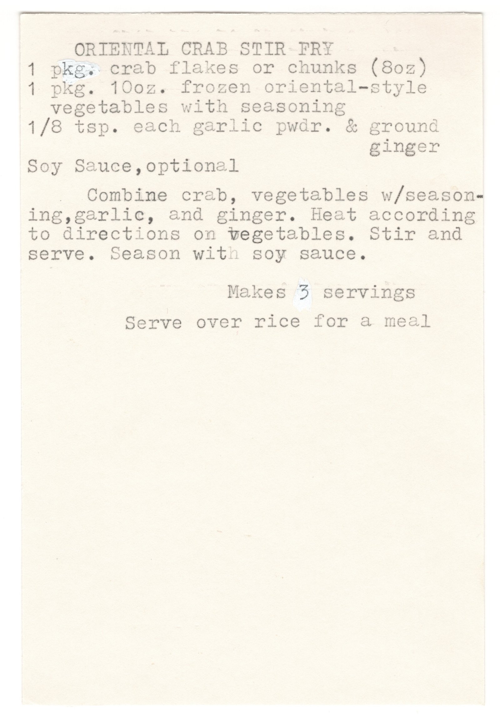 Original card of the Oriental Crab Stir-Fry typewritten recipe card from My Mom's Recipe Box