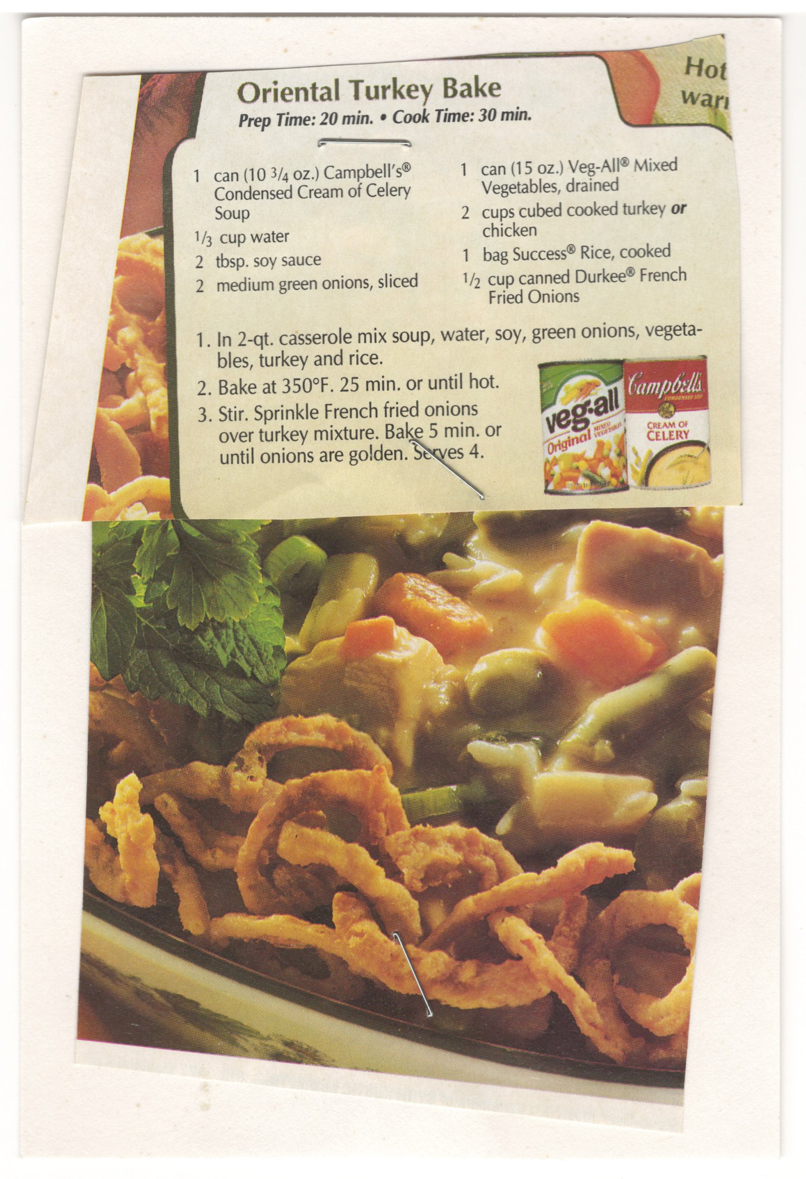 Original card of the Oriental Turkey Bake printed recipe clipping with food photograph from My Mom's Recipe Box