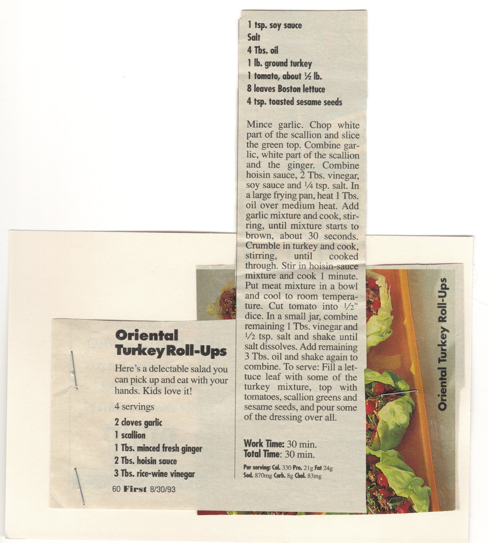 Original back of the Oriental Turkey Roll-Ups two-sided assembled magazine clipping from My Mom's Recipe Box